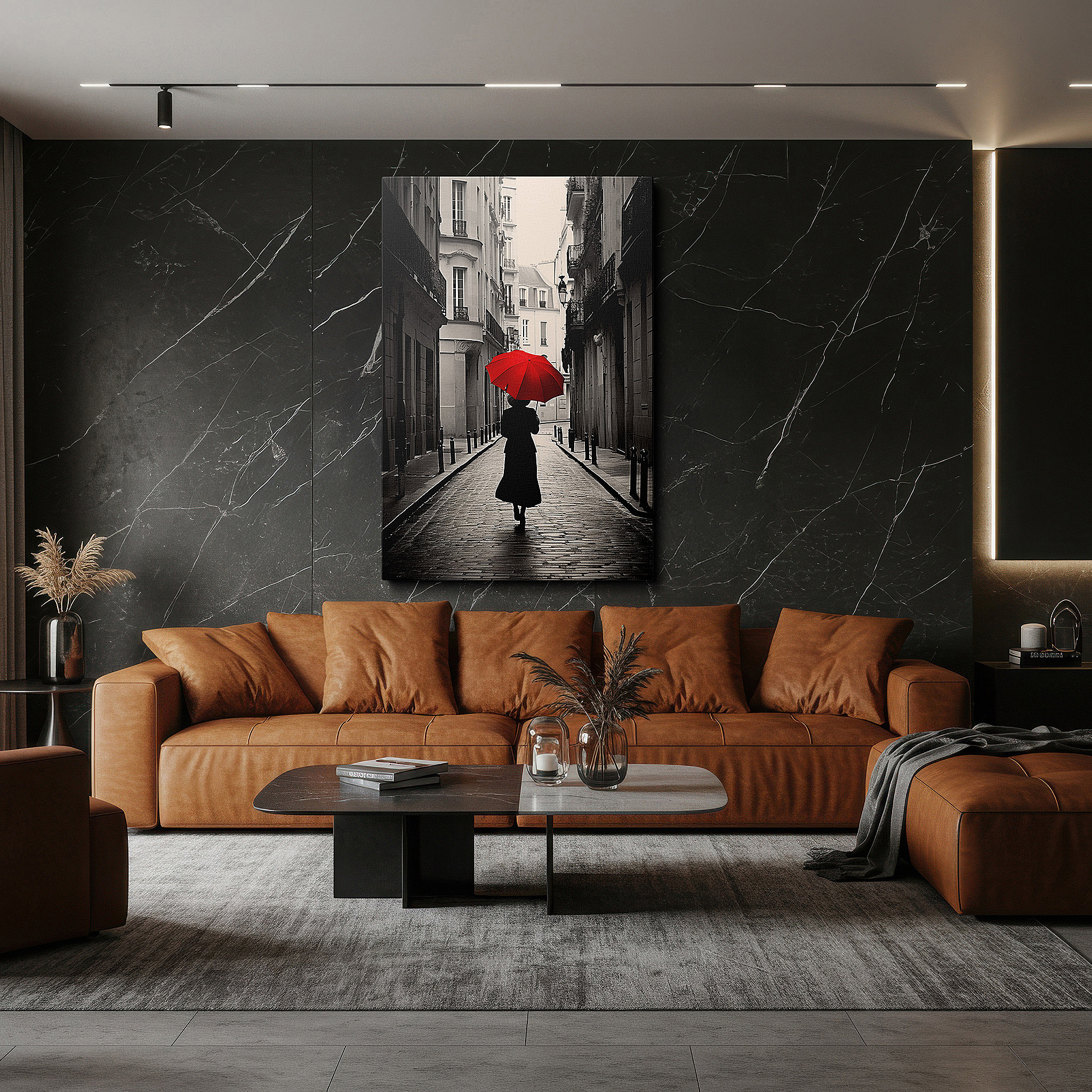 Bathed in morning sunlight streaming through sheer curtains — red umbrella on a parisian street large canvas wall art, ideal for office, bedroom, and living room decor