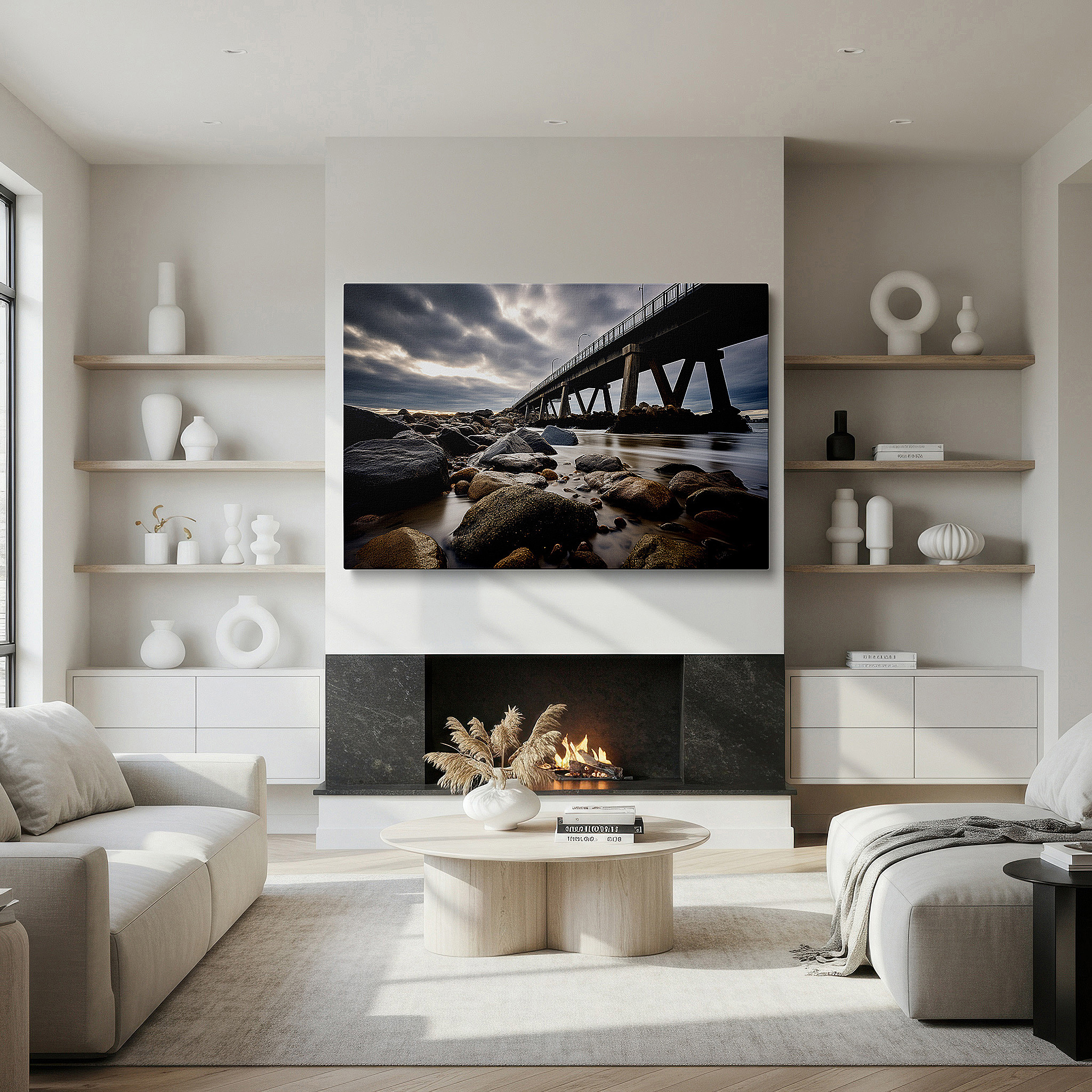 Bathed in morning sunlight streaming through sheer curtains — rocky shoreline and brooding sky: a serene dance of water and stone - large canvas wall art for office and bedroom decor