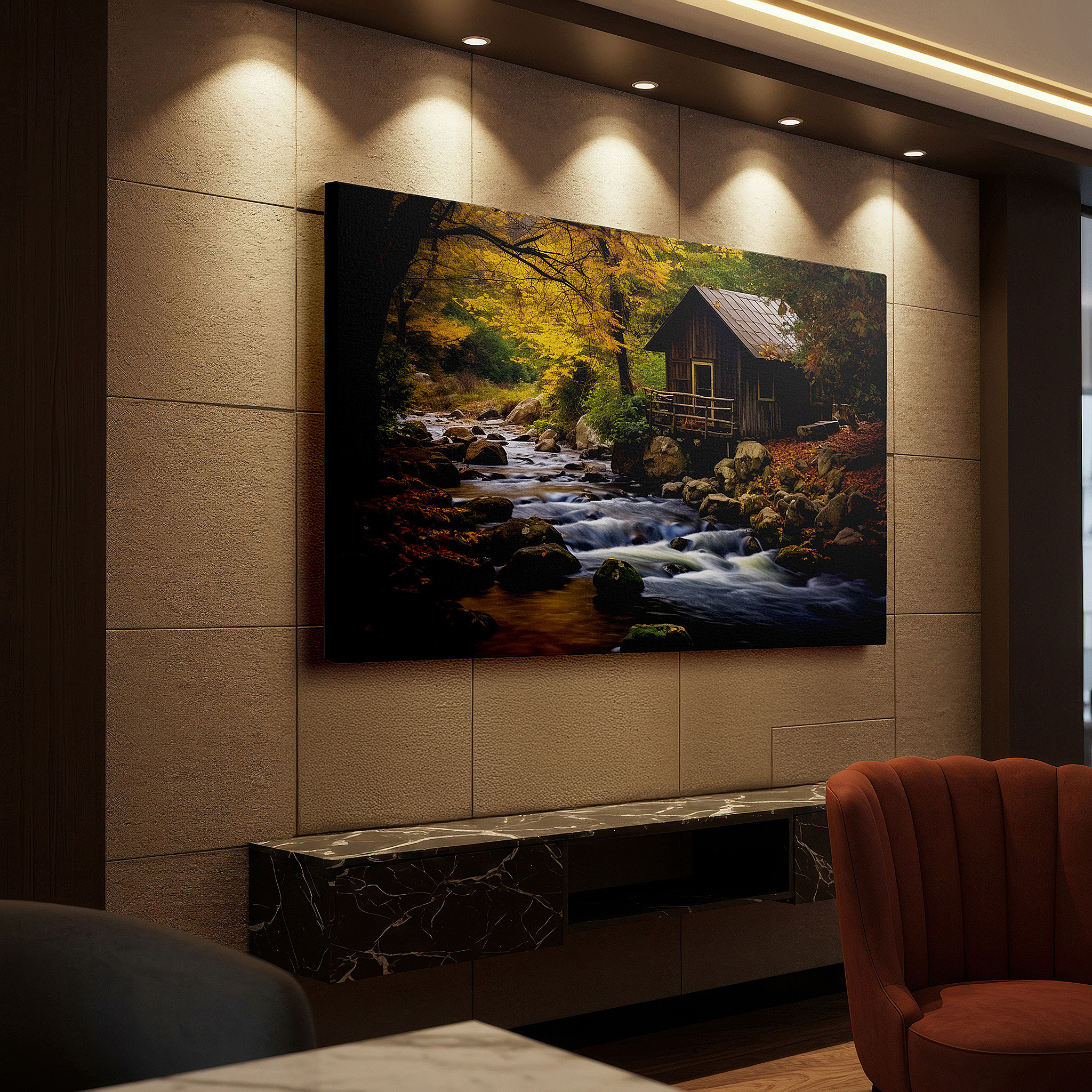 Bathed in morning sunlight streaming through sheer curtains — rustic wooden house and sparkling stream autumn sanctuary large canvas wall art for office and bedroom decor