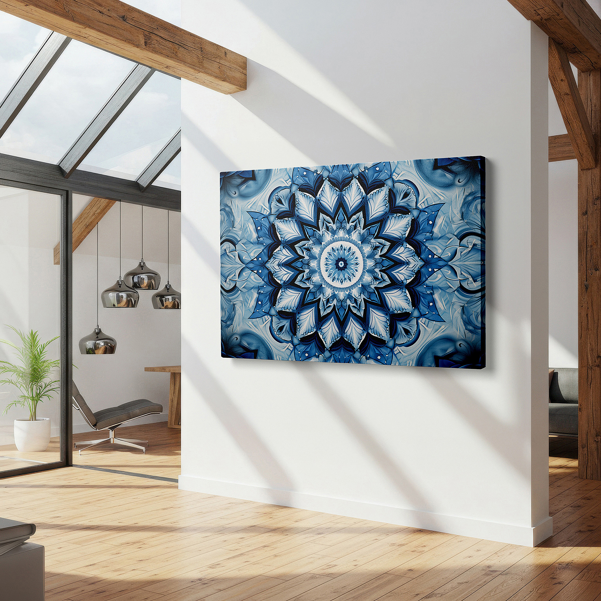 Bathed in morning sunlight streaming through sheer curtains — serene blue and white mandala wall art for meditation and reflection - large canvas decor for office, bedroom, and living spaces