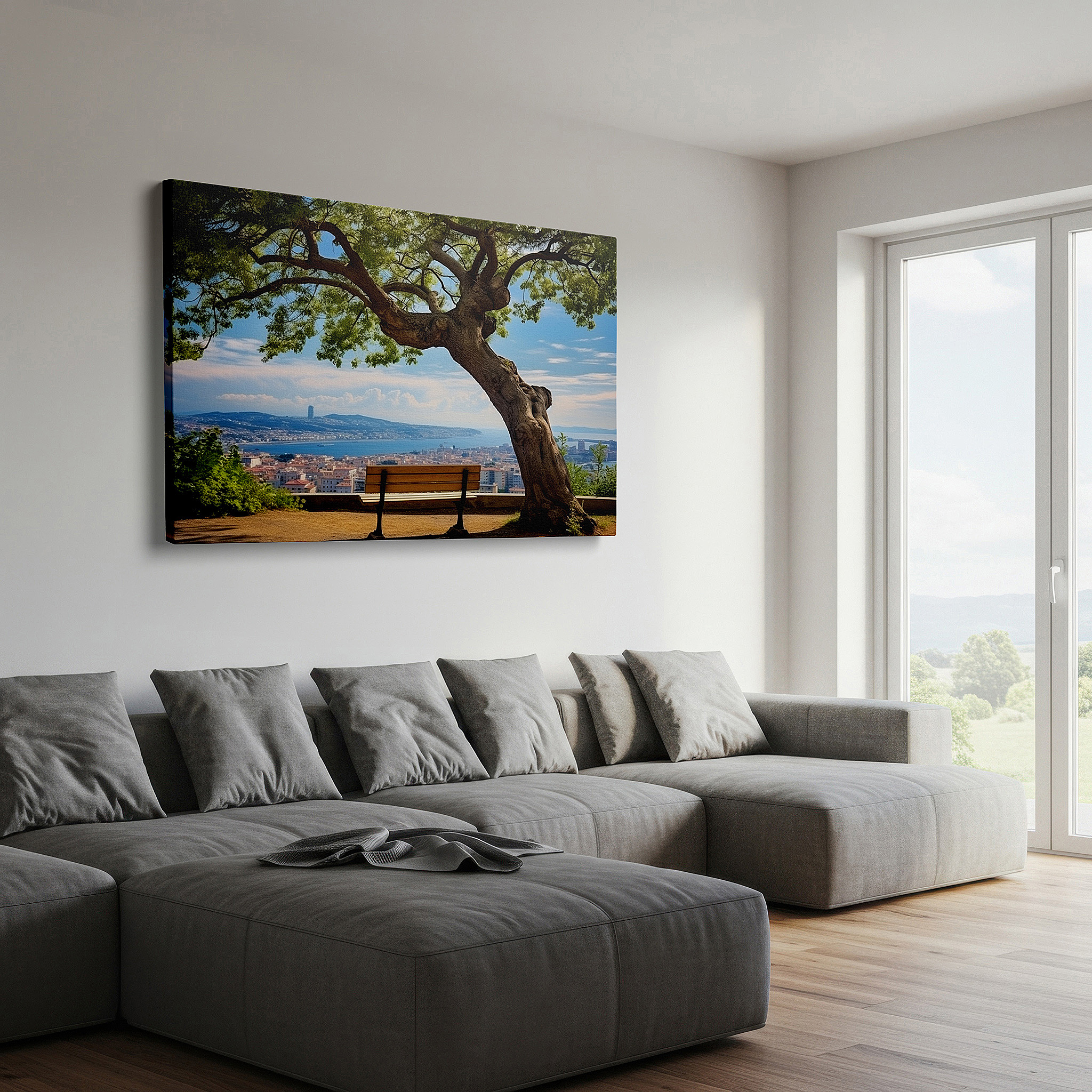 Bathed in morning sunlight streaming through sheer curtains — serene cityscape and nature fusion: tranquil bench under a grand tree large canvas wall art, perfect for office and home decor