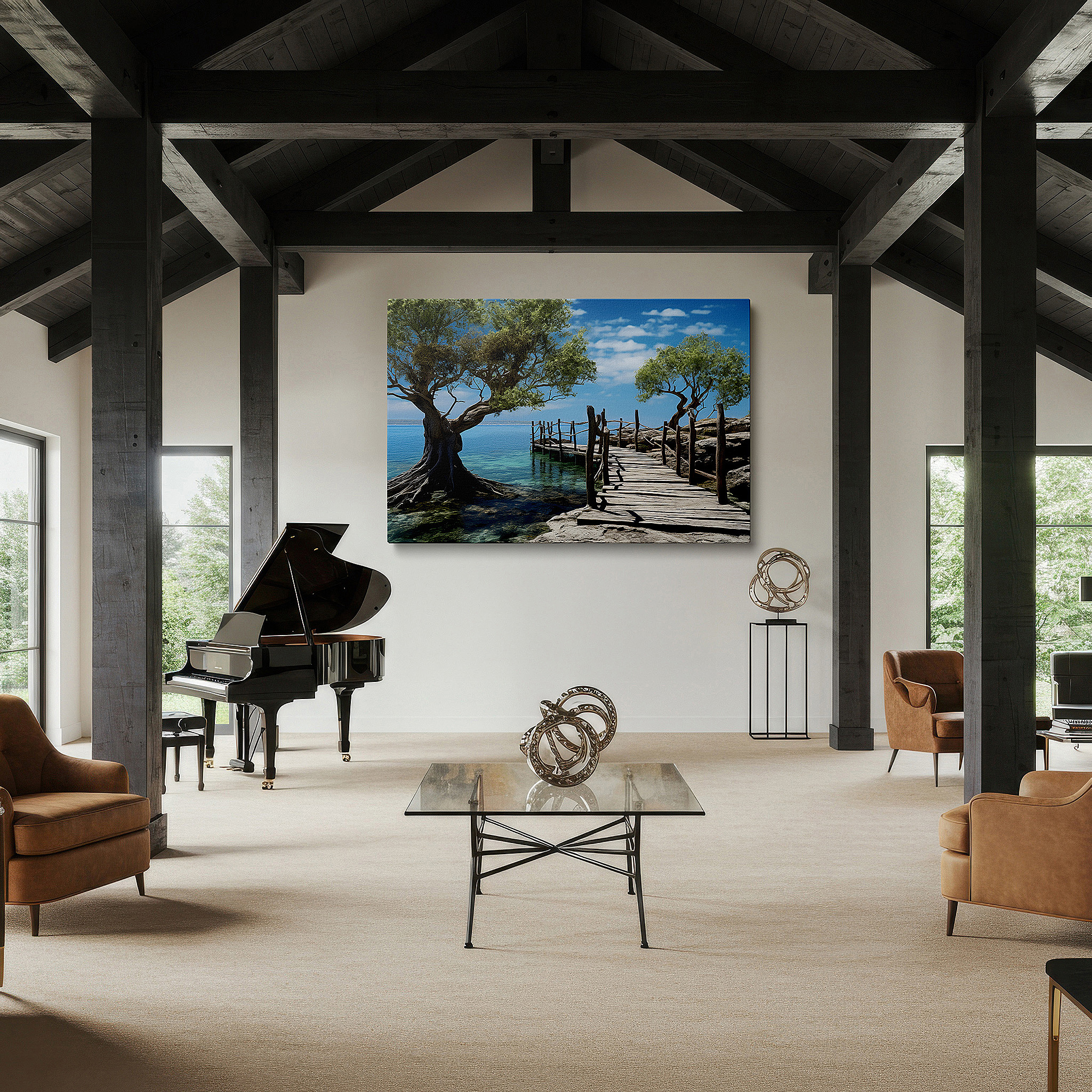 Bathed in morning sunlight streaming through sheer curtains — serene escape: scenic wooden pathway over turquoise waters - large canvas wall art for office and bedroom decor