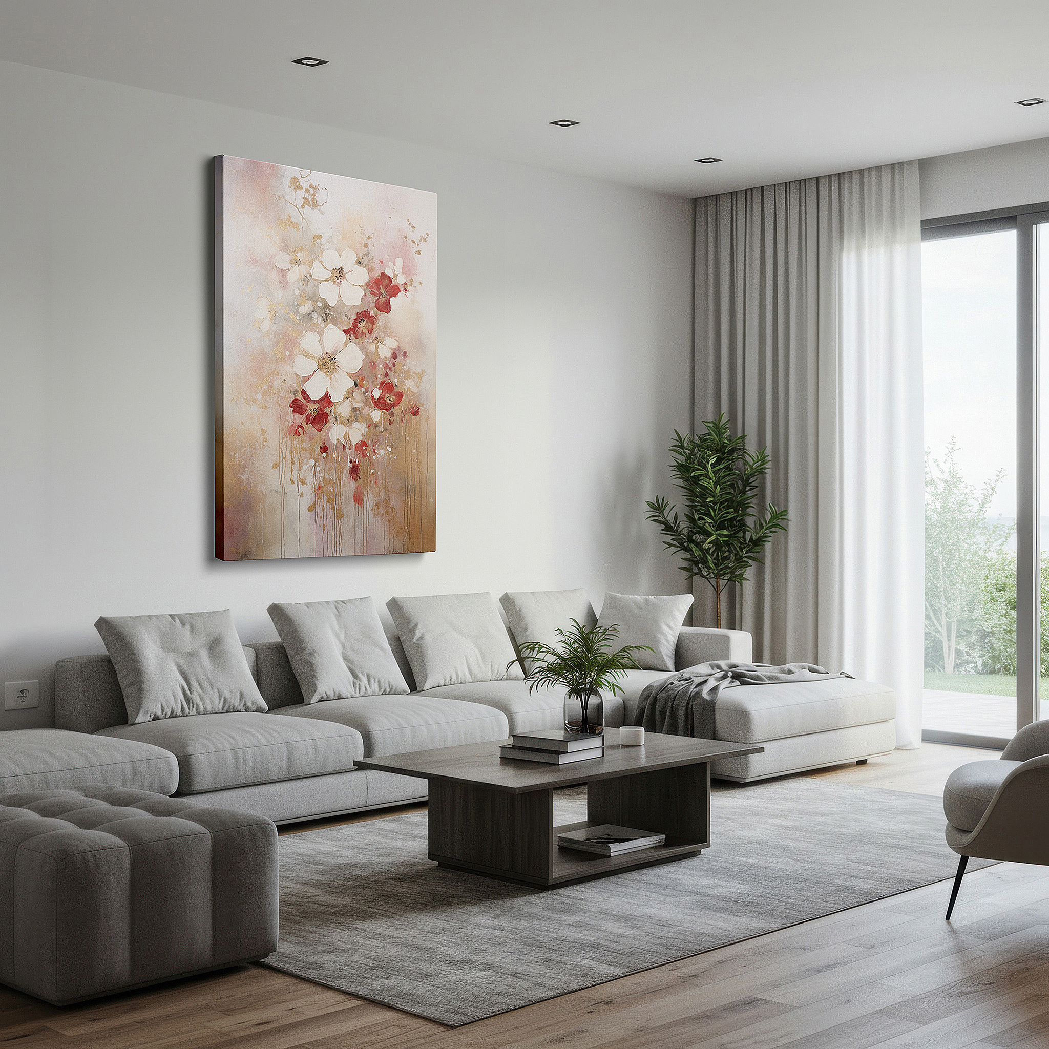 Bathed in morning sunlight streaming through sheer curtains — serene floral canvas featuring delicate blossoms and subtle gold highlights, large wall art, canvas wall art, wall decor for office and bedroom