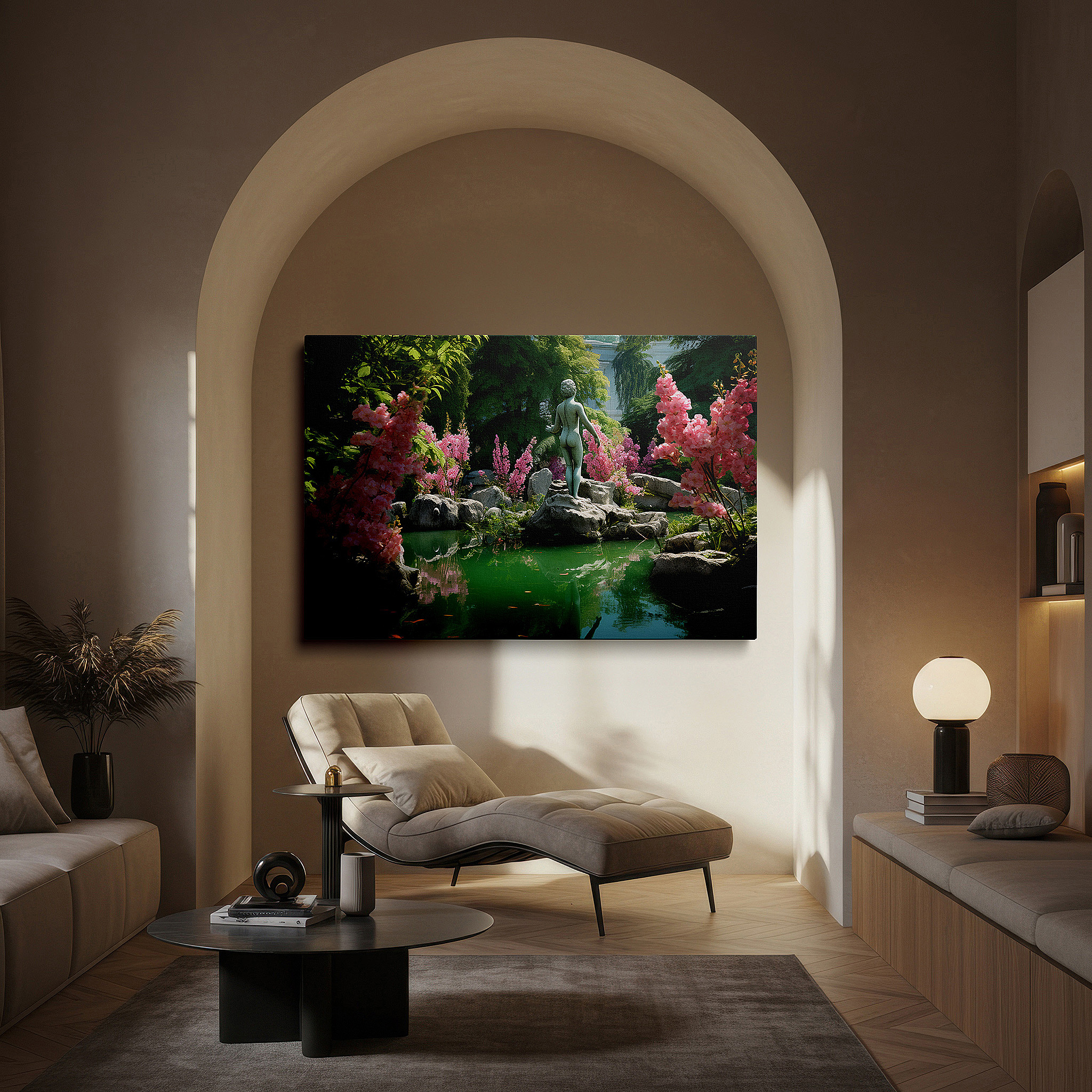 Bathed in morning sunlight streaming through sheer curtains — serene garden oasis canvas wall art featuring a pond, graceful statue, and vivid pink flowers - ideal for office or bedroom decor