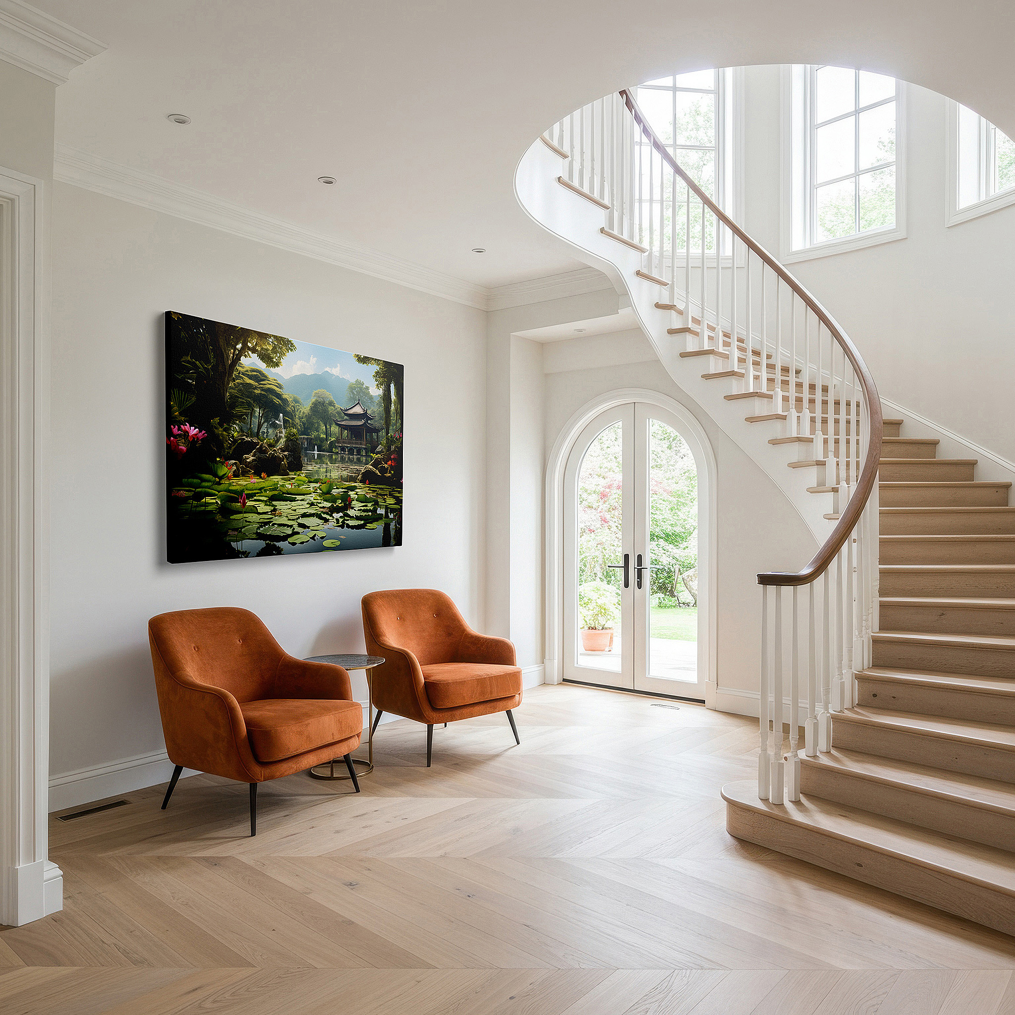 Bathed in morning sunlight streaming through sheer curtains — serene garden retreat featuring a reflective pond and classic pavilion: large wall art, canvas wall art, wall decor for office and bedroom