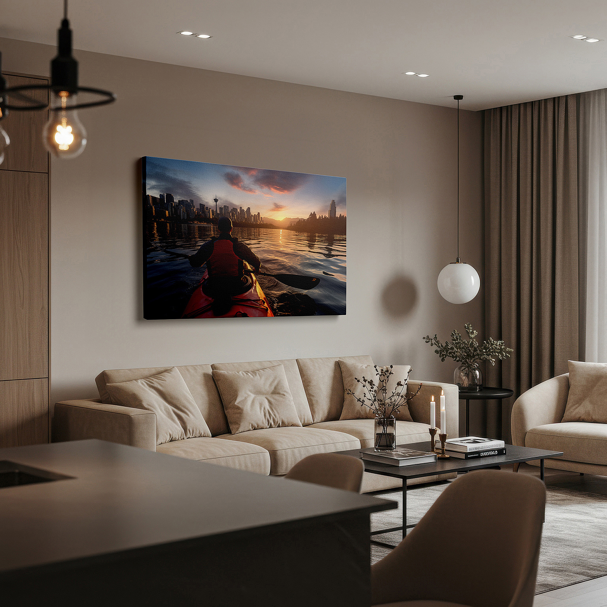 Bathed in morning sunlight streaming through sheer curtains — serene kayaker at sunset amid urban splendor - large canvas wall art for office, bedroom, and living room decor