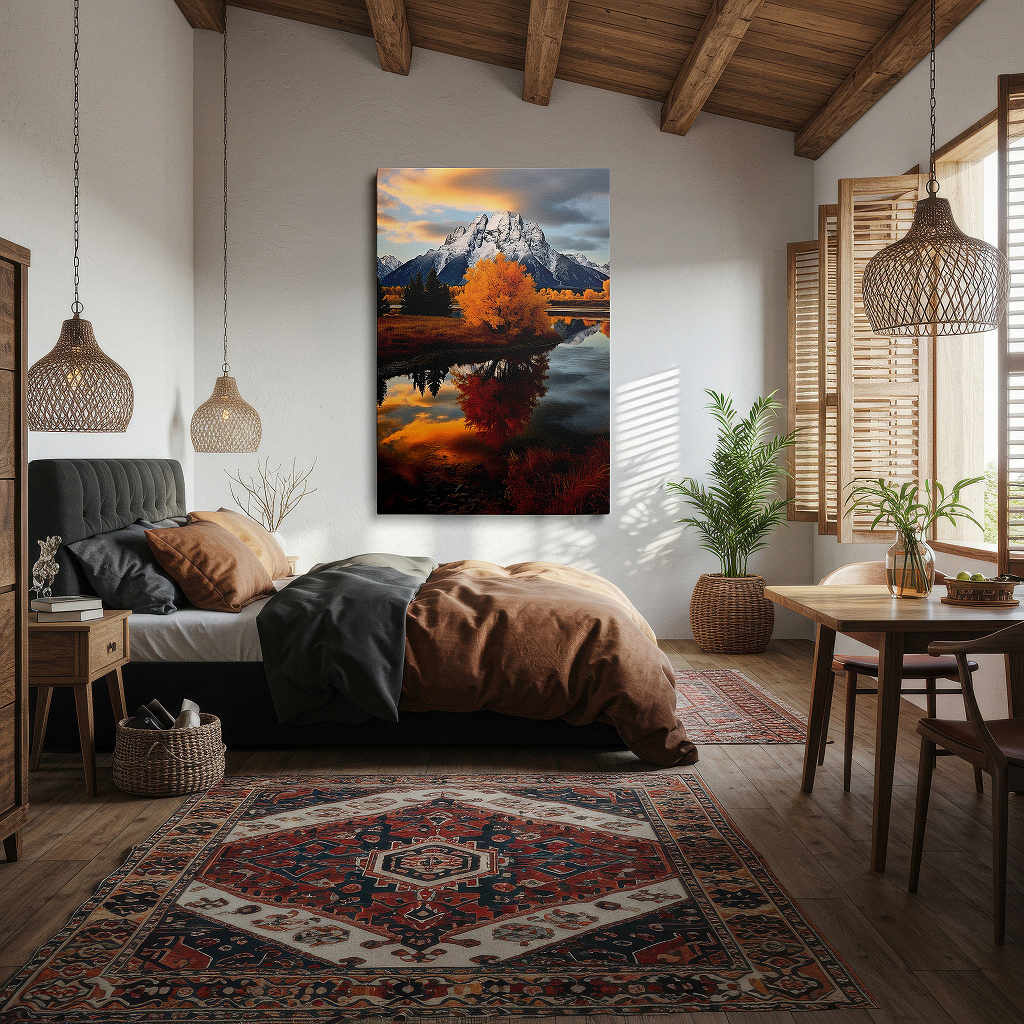 Bathed in morning sunlight streaming through sheer curtains — serene mountain tops and fall forest reflections large wall art, canvas wall art, wall decor for office, bedroom, and living room