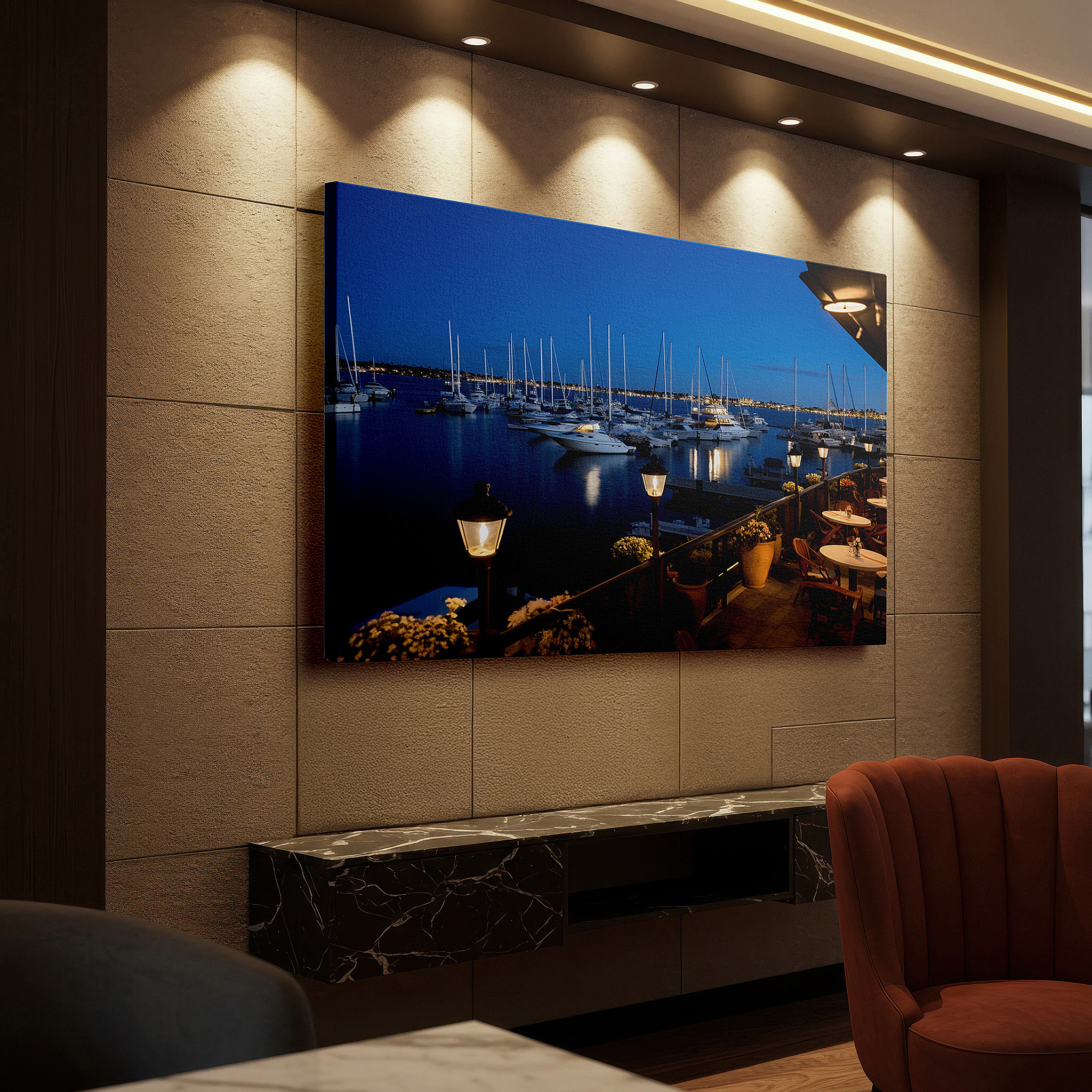Bathed in morning sunlight streaming through sheer curtains — serene nighttime marina canvas print featuring starlit sky and elegant yachts - ideal for office, bedroom, and living room wall decor