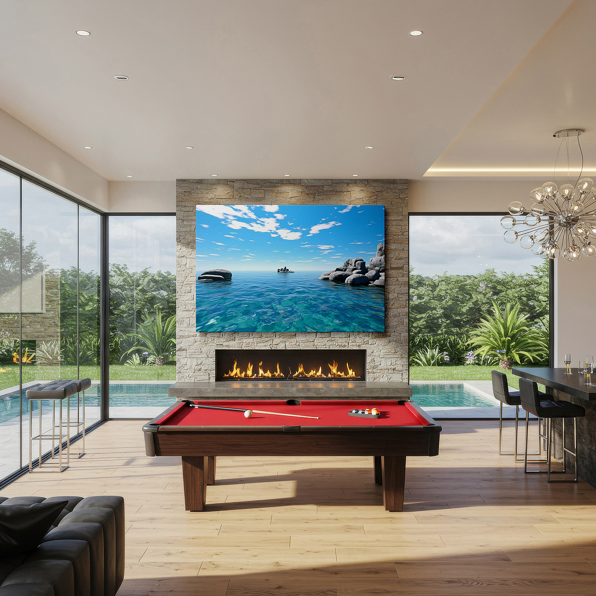 Bathed in morning sunlight streaming through sheer curtains — serene ocean view with clear waters and rugged coastlines - oversized wall art for living room, bedroom, or office