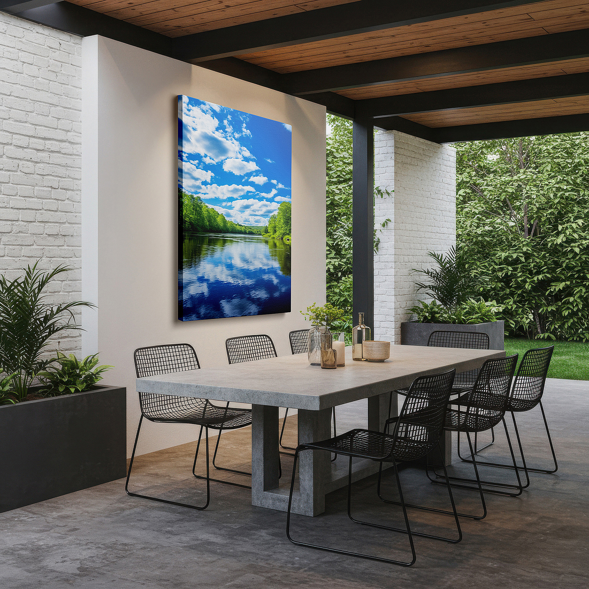 Bathed in morning sunlight streaming through sheer curtains — serene riverscape and sky reflections: tranquil nature interplay large wall art, canvas decor for office and bedroom