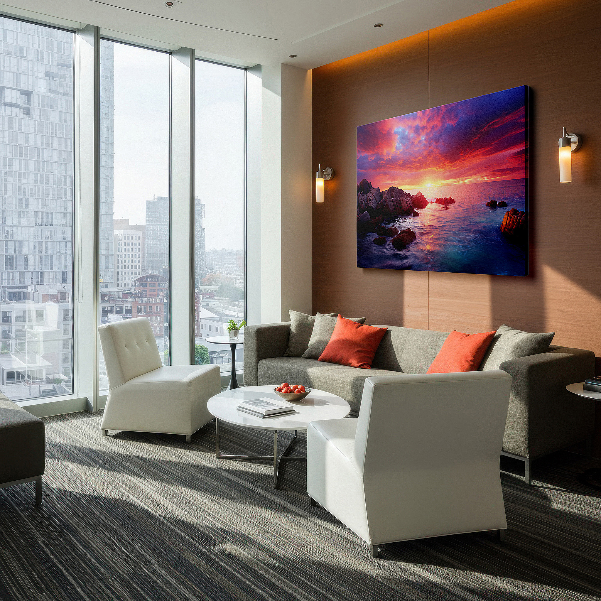 Bathed in morning sunlight streaming through sheer curtains — serene sunset over calm waters: a vivid display of fiery oranges, deep reds, and soothing purples - large canvas wall art decor