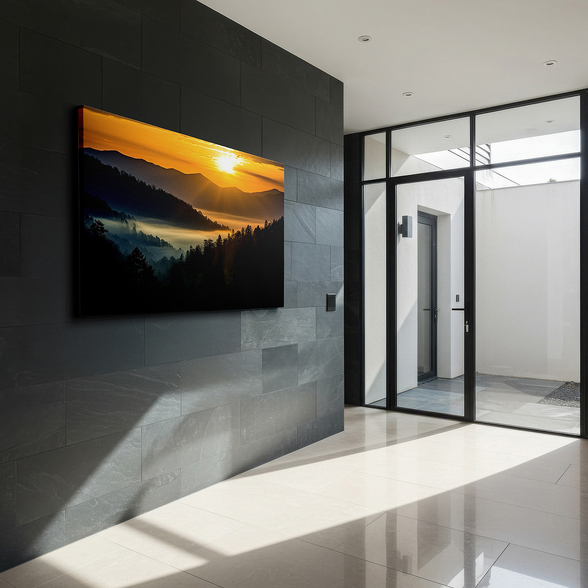 Bathed in morning sunlight streaming through sheer curtains — serene sunset and misty mountains wall art: tranquil wilderness large canvas for home and office decor, perfect for living room and bedroom