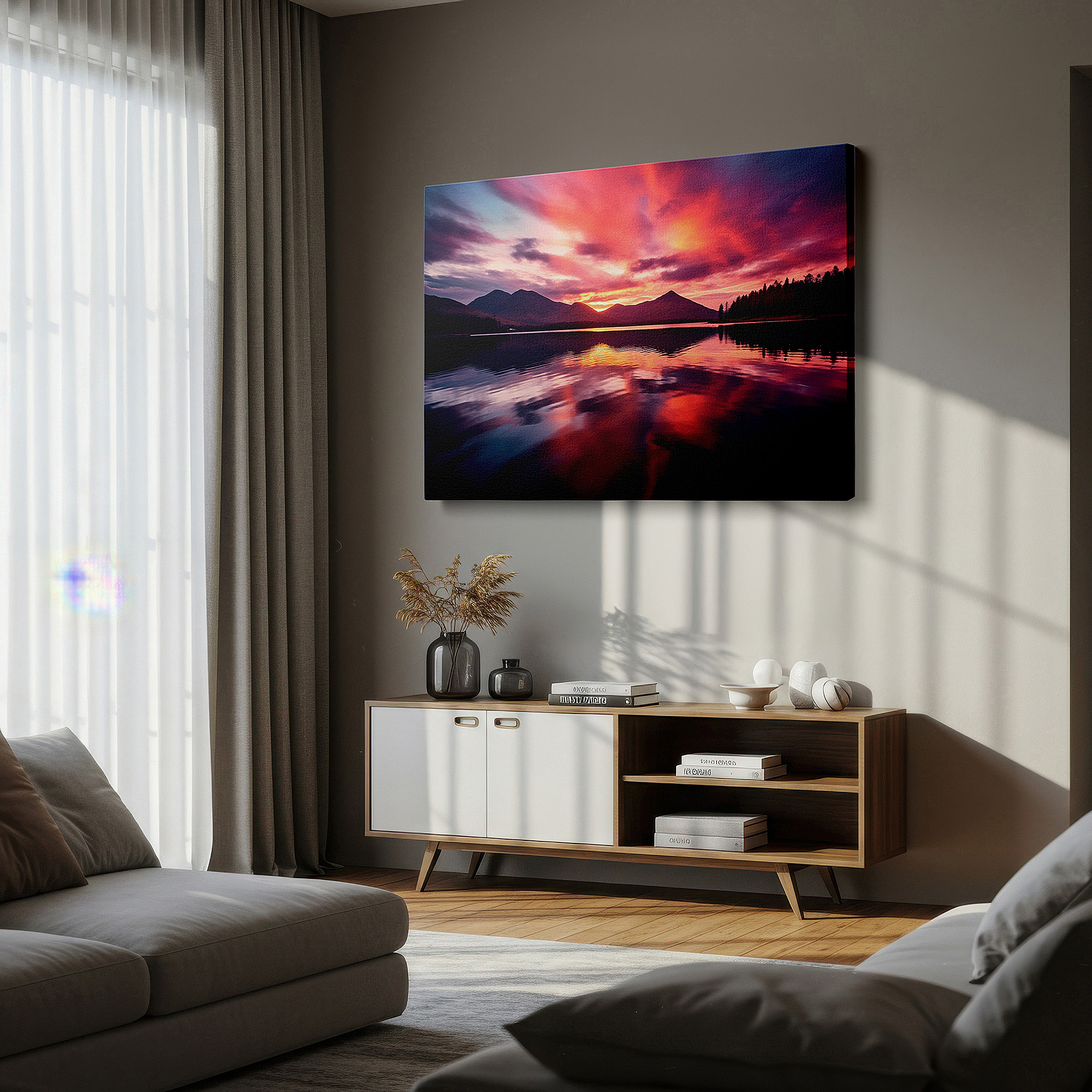Bathed in morning sunlight streaming through sheer curtains — serene sunset reflection: sublime tranquility and awe-inspiring beauty - large canvas wall art for office and bedroom decor