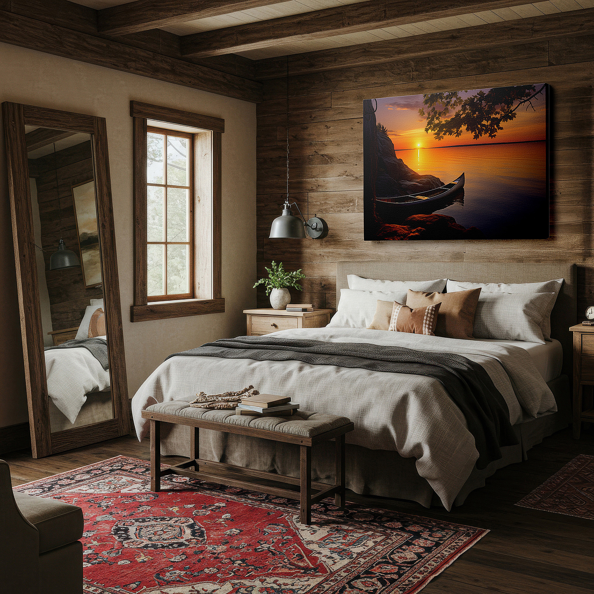 Bathed in morning sunlight streaming through sheer curtains — serene sunset over tranquil lake with canoe and rocky shoreline - large canvas wall art for office, bedroom, and living room decor