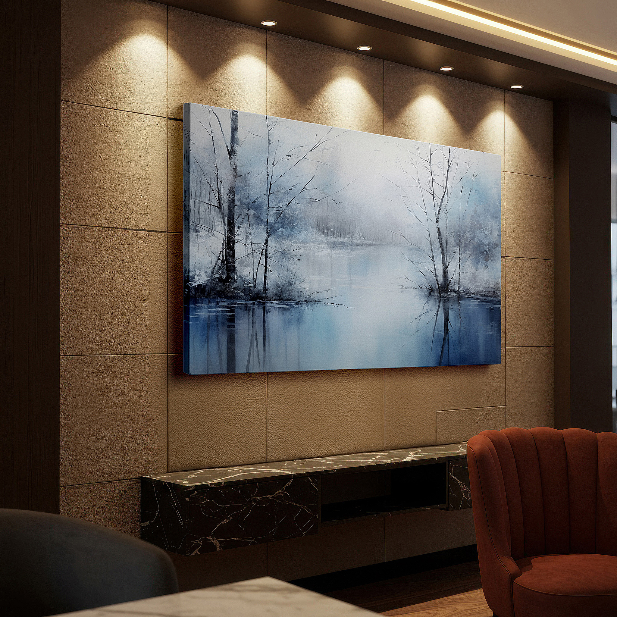 Bathed in morning sunlight streaming through sheer curtains — serene winter reflections - peaceful waters and misty trees large wall art, canvas wall art, wall decor, office wall art, bedroom wall art