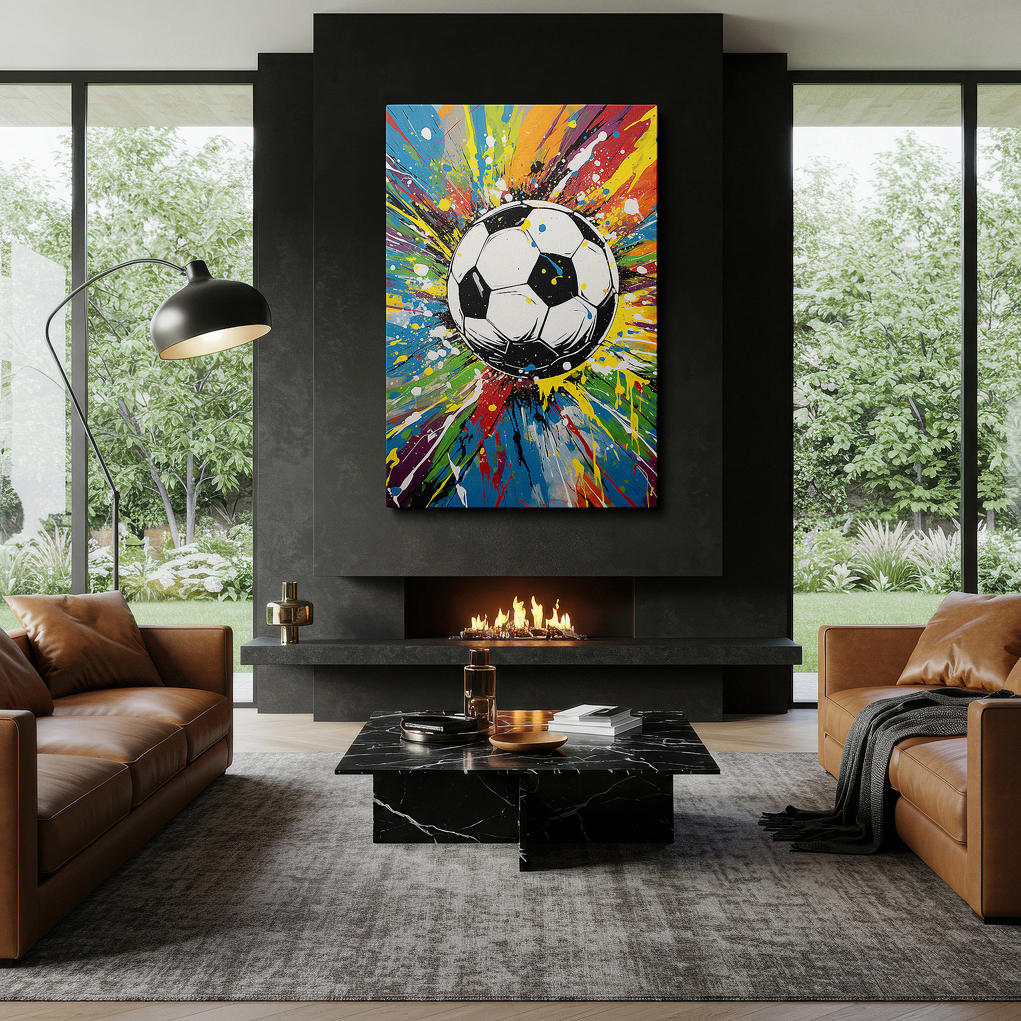 Bathed in morning sunlight streaming through sheer curtains — soccer ball in motion: a colorful explosion celebrating global unity and passion - large canvas wall art