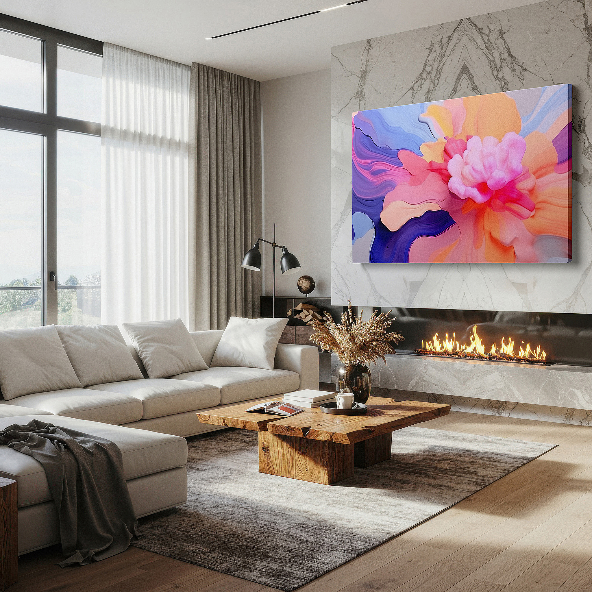 Bathed in morning sunlight streaming through sheer curtains — soft pastel and vibrant floral abstract art, tranquil and engaging large canvas wall decor for office