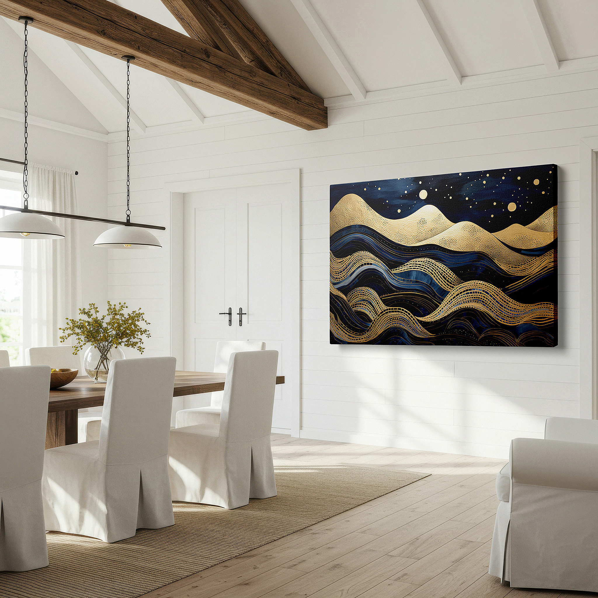 Bathed in morning sunlight streaming through sheer curtains — starry night over mystical landscape with golden waves and ethereal hills, large canvas wall art for office decor