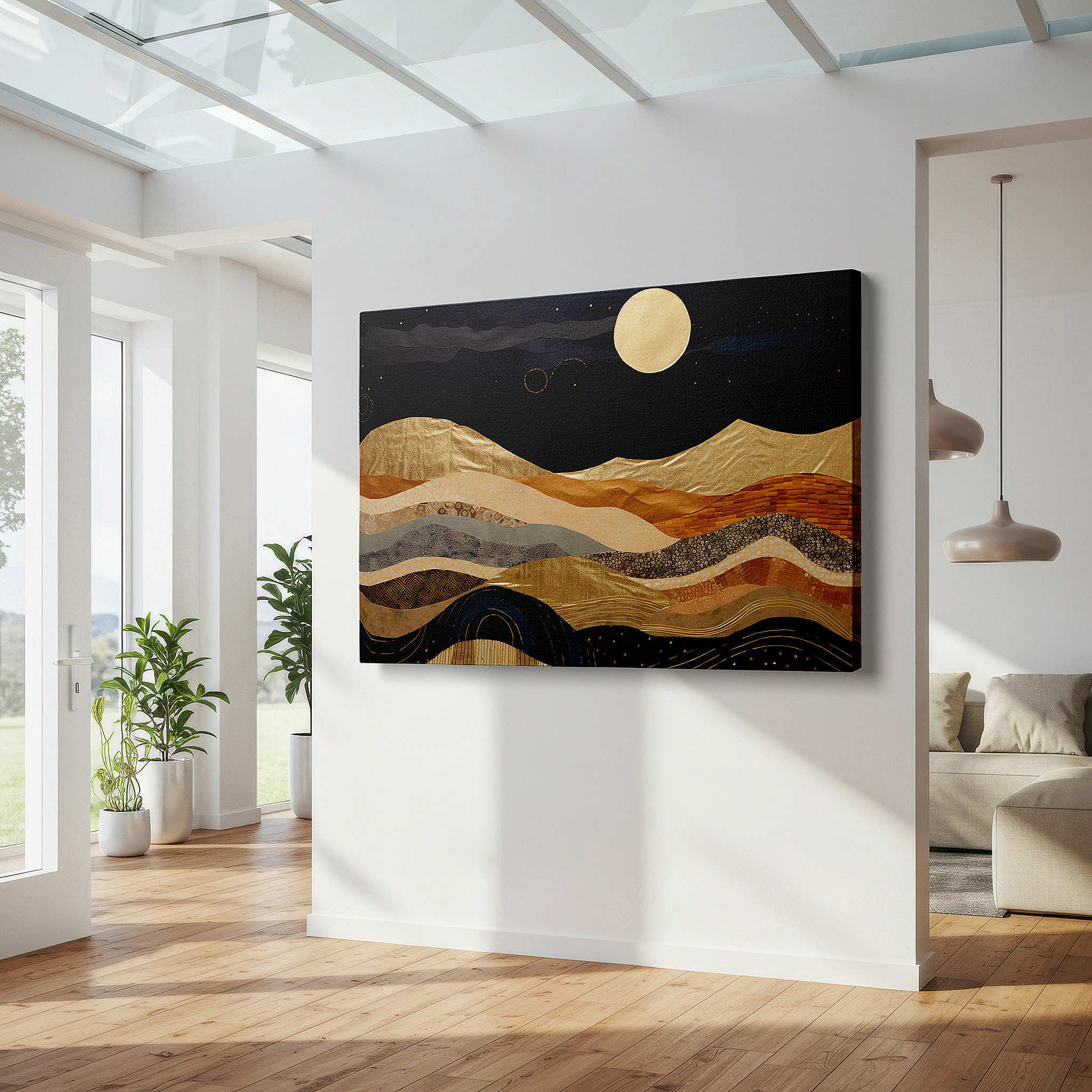 Bathed in morning sunlight streaming through sheer curtains — starry sky over golden hills with glowing moon, tranquil nature masterpiece, large canvas wall art for office and bedroom decor