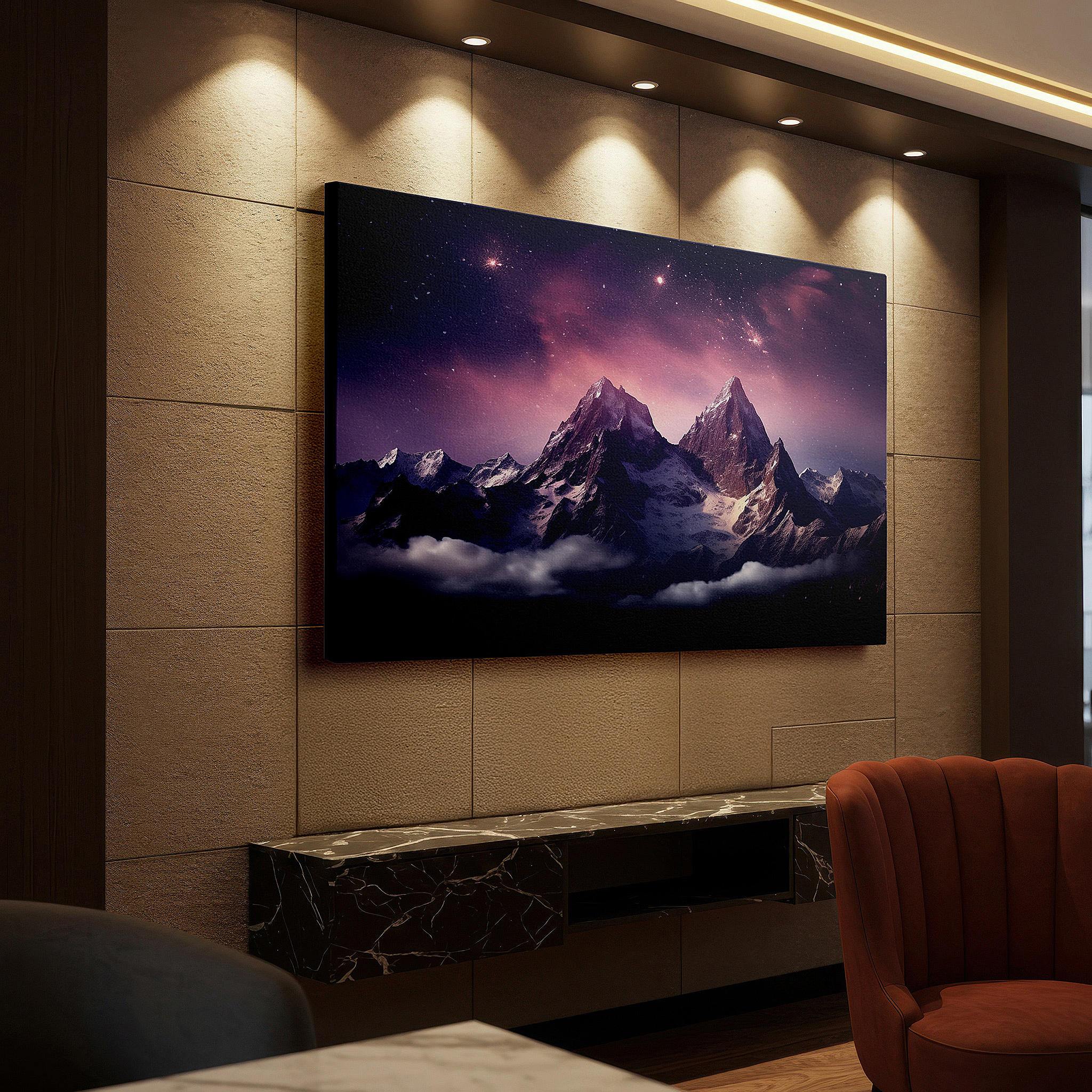 Bathed in morning sunlight streaming through sheer curtains — stunning mountains under a starry sky: spectacular nature scene large wall art, canvas wall art, wall decor for office