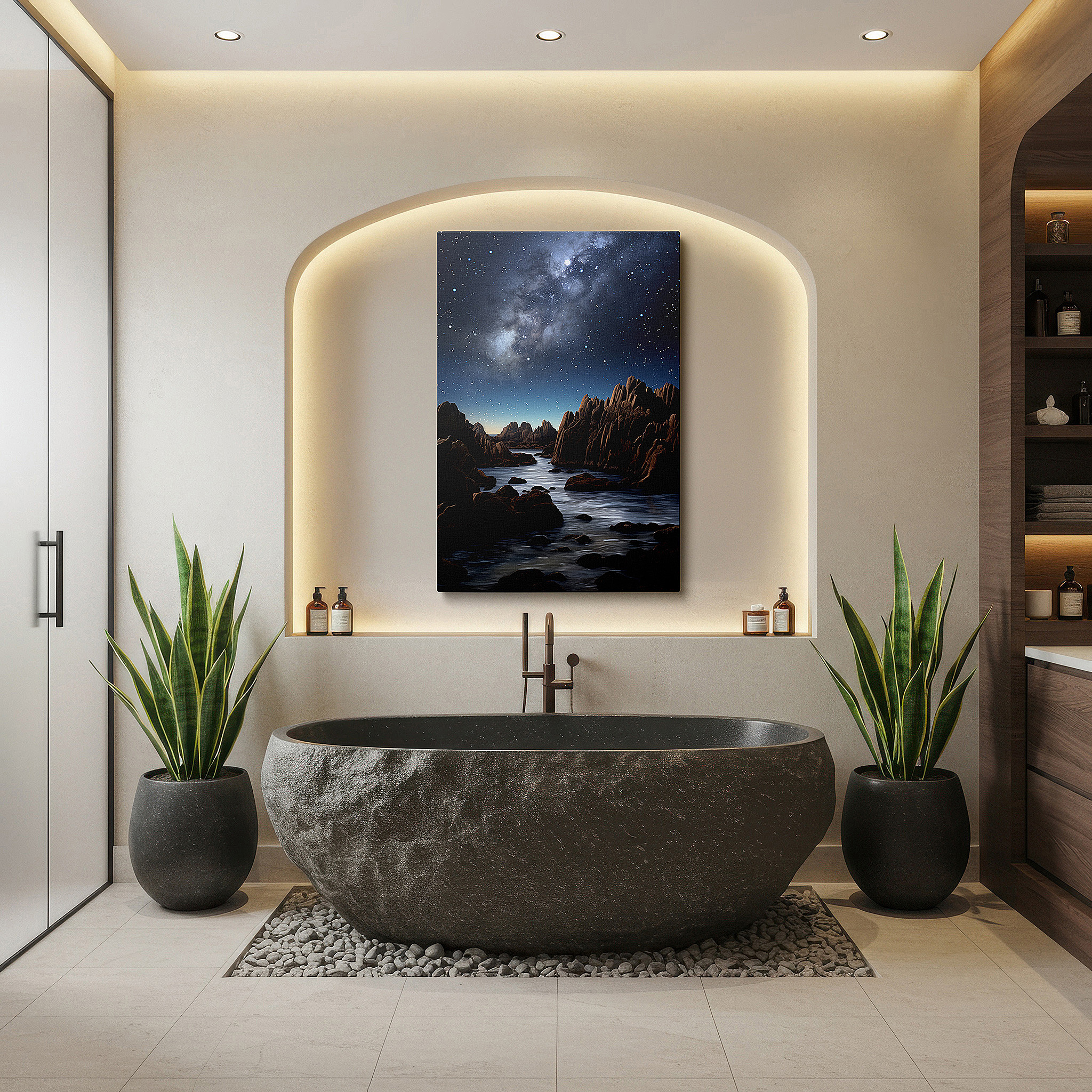 Bathed in morning sunlight streaming through sheer curtains — stunning rocky landscape beneath the ethereal milky way, large canvas wall art for a visual journey into nature and the cosmos, perfect for home or office decor