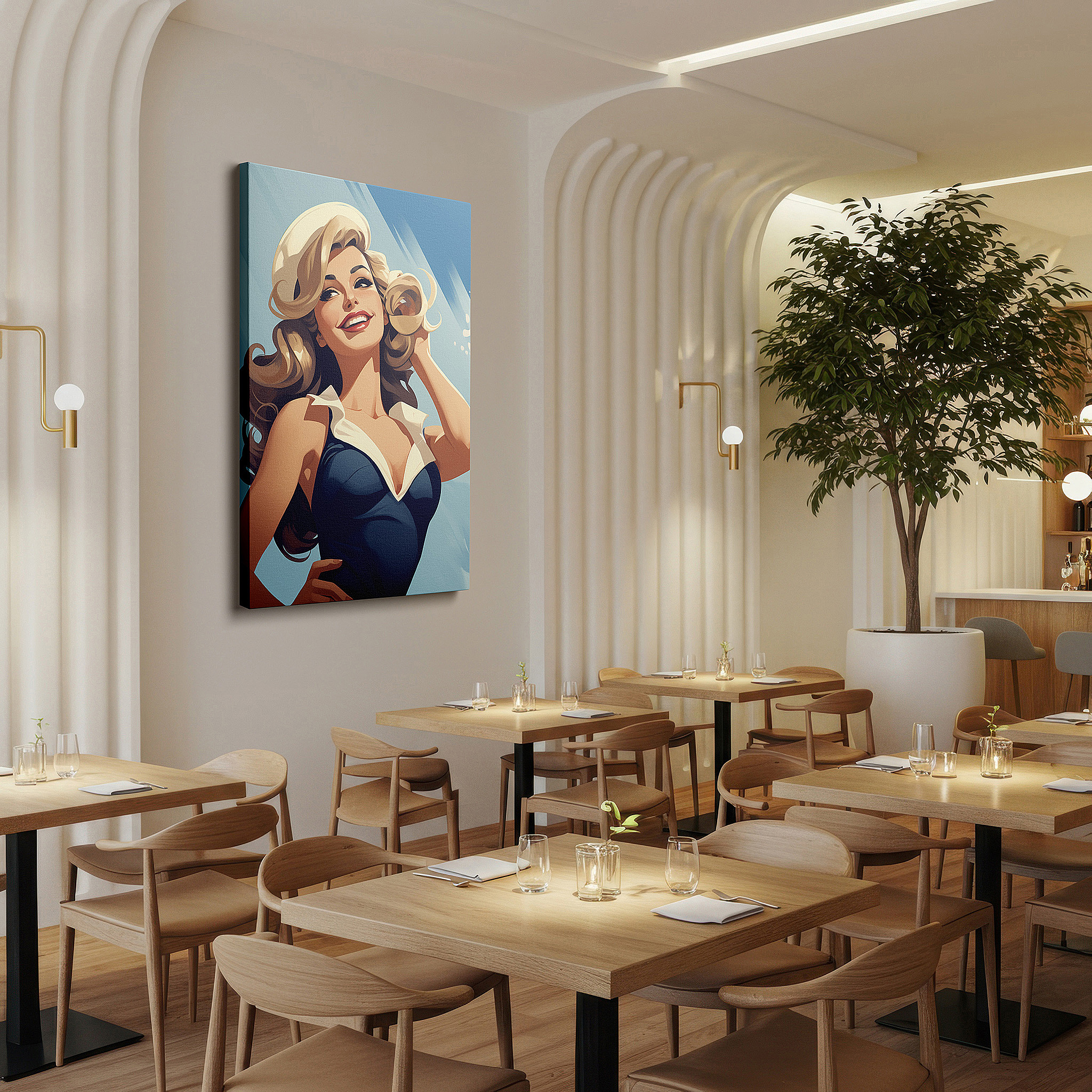 Bathed in morning sunlight streaming through sheer curtains — summer glamour by the sea: radiant retro-style woman large wall art, canvas decor for office and bedroom