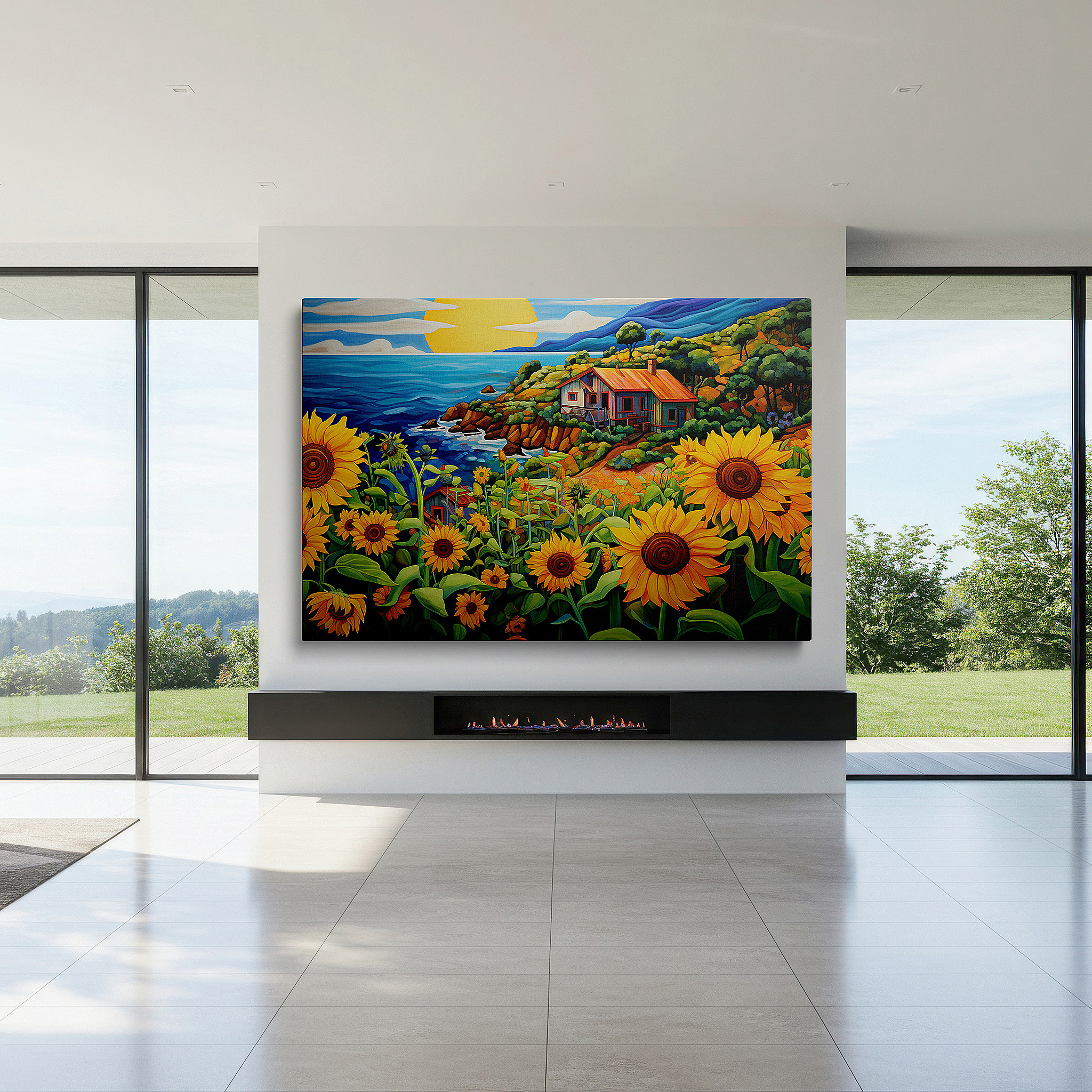 Bathed in morning sunlight streaming through sheer curtains — sunset glow and blooming sunflowers coastal retreat large canvas wall art for office and bedroom decor