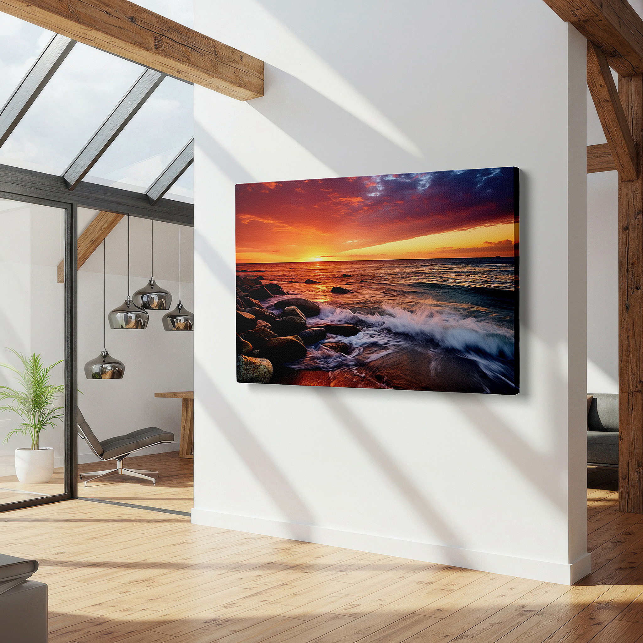 Bathed in morning sunlight streaming through sheer curtains — sunset serenade over tranquil seas, large canvas wall art by sandy shores with rocky accents, ideal for office and bedroom decor