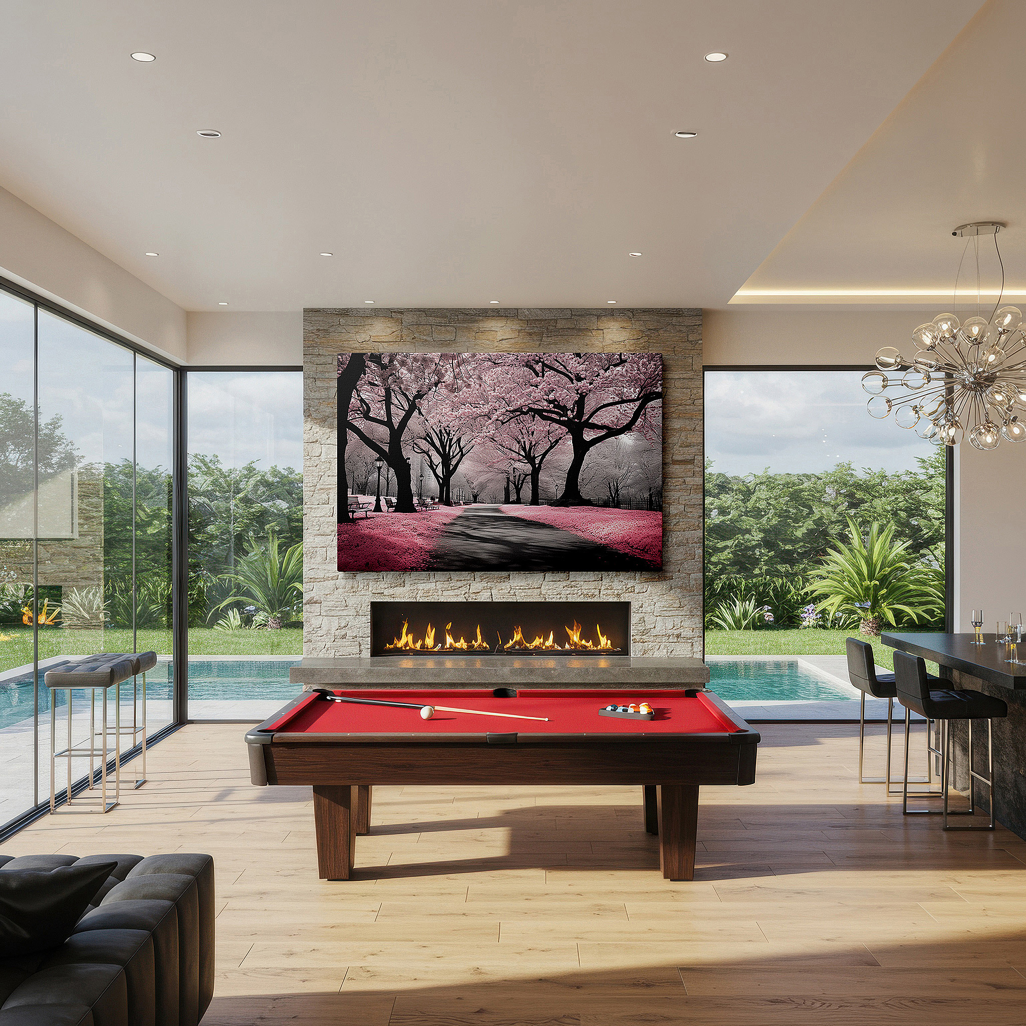Bathed in morning sunlight streaming through sheer curtains — tranquil cherry blossom pathway large canvas wall art, serene beauty wall decor for office and bedroom