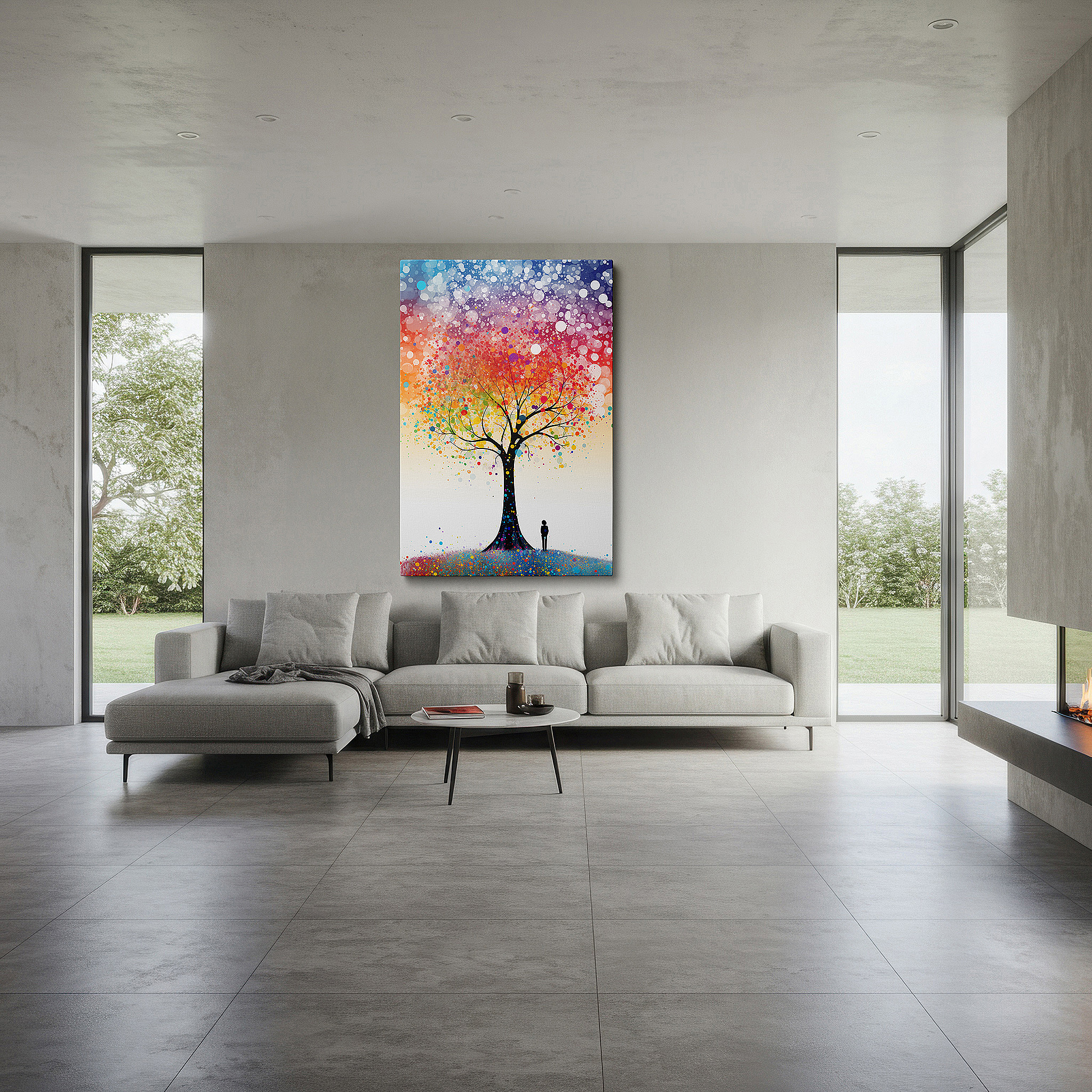 Bathed in morning sunlight streaming through sheer curtains — tree of life wall art: vibrant and symbolic representation of resilience and reflection, ideal for home and office decor, large canvas art