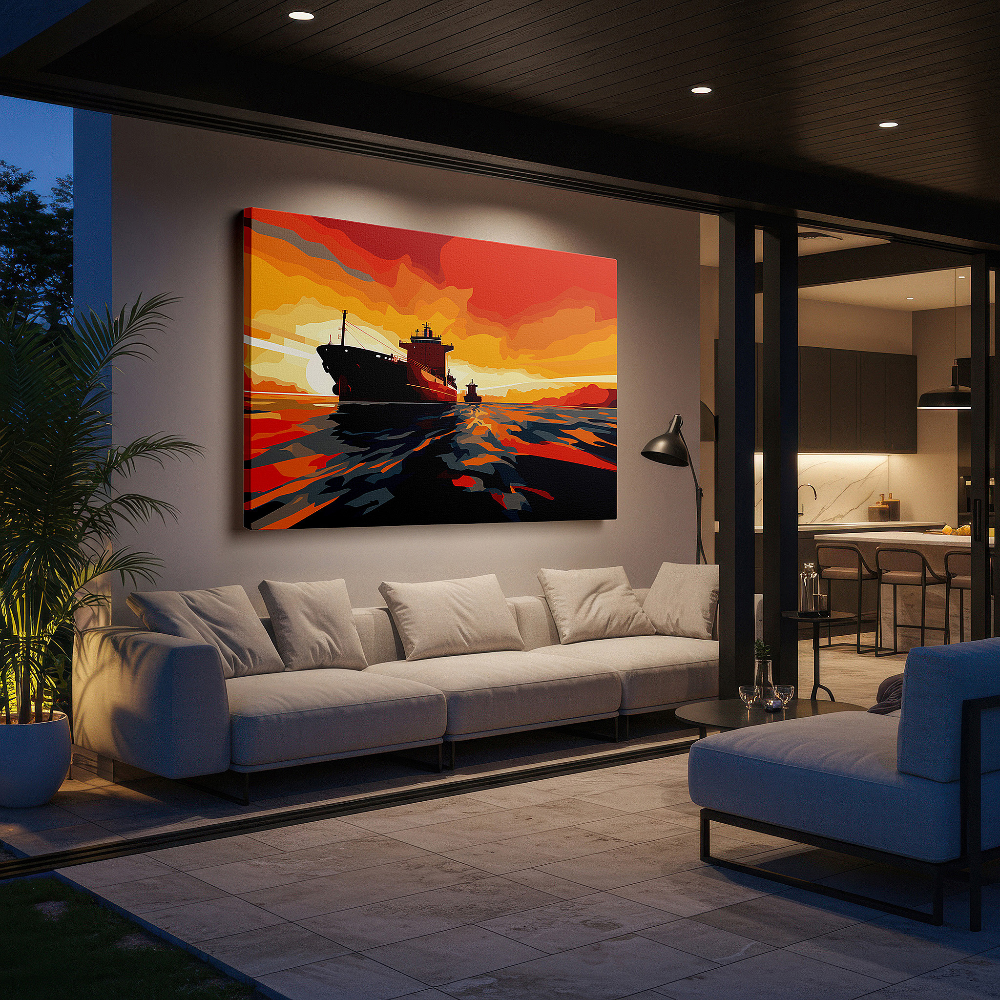 Bathed in morning sunlight streaming through sheer curtains — twilight cargo ships against a fiery horizon: reflecting nature's beauty and human endeavor - large canvas wall art for office decor