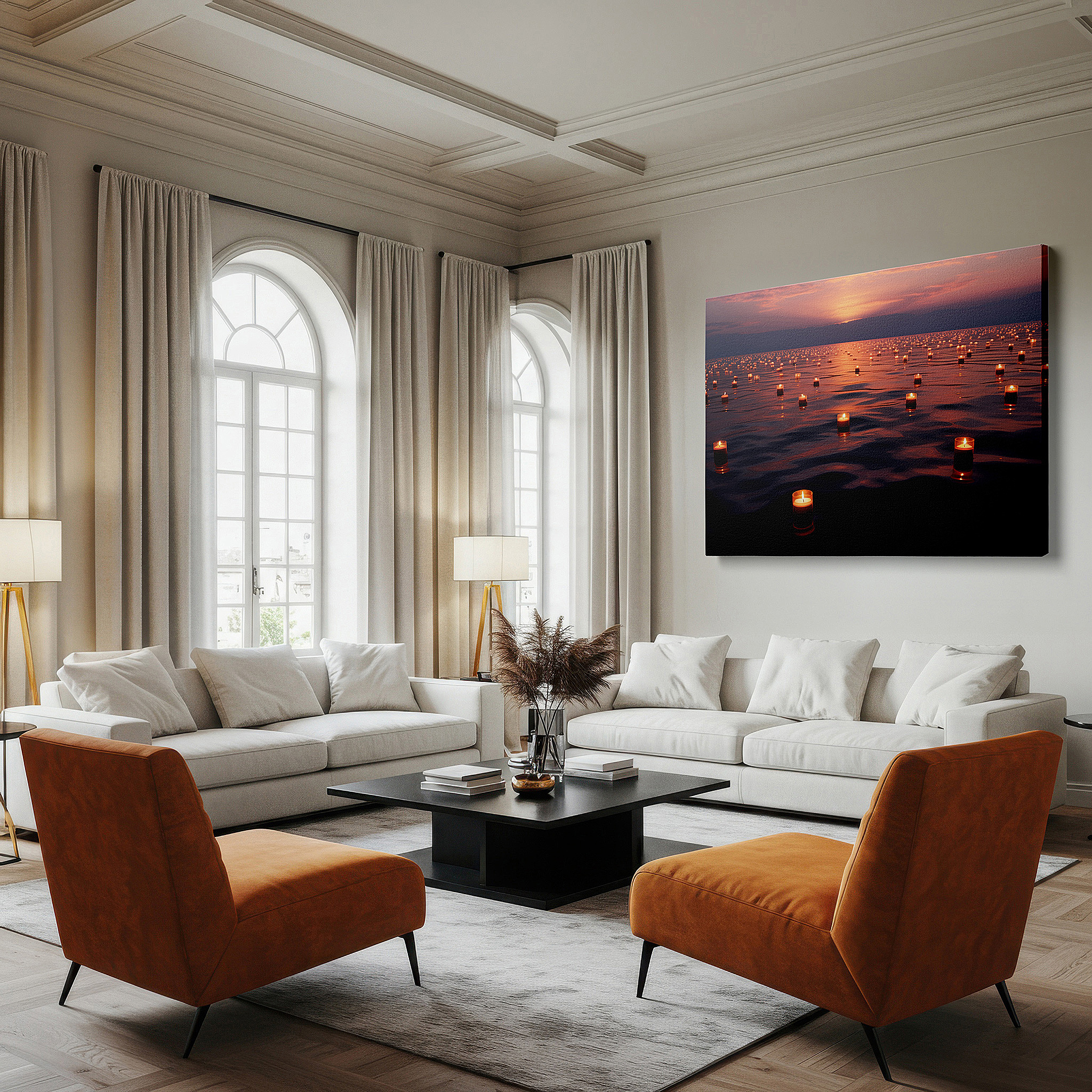 Bathed in morning sunlight streaming through sheer curtains — twilight serenity with floating candles: a tranquil reflection of light and peace - large canvas wall art for office decor