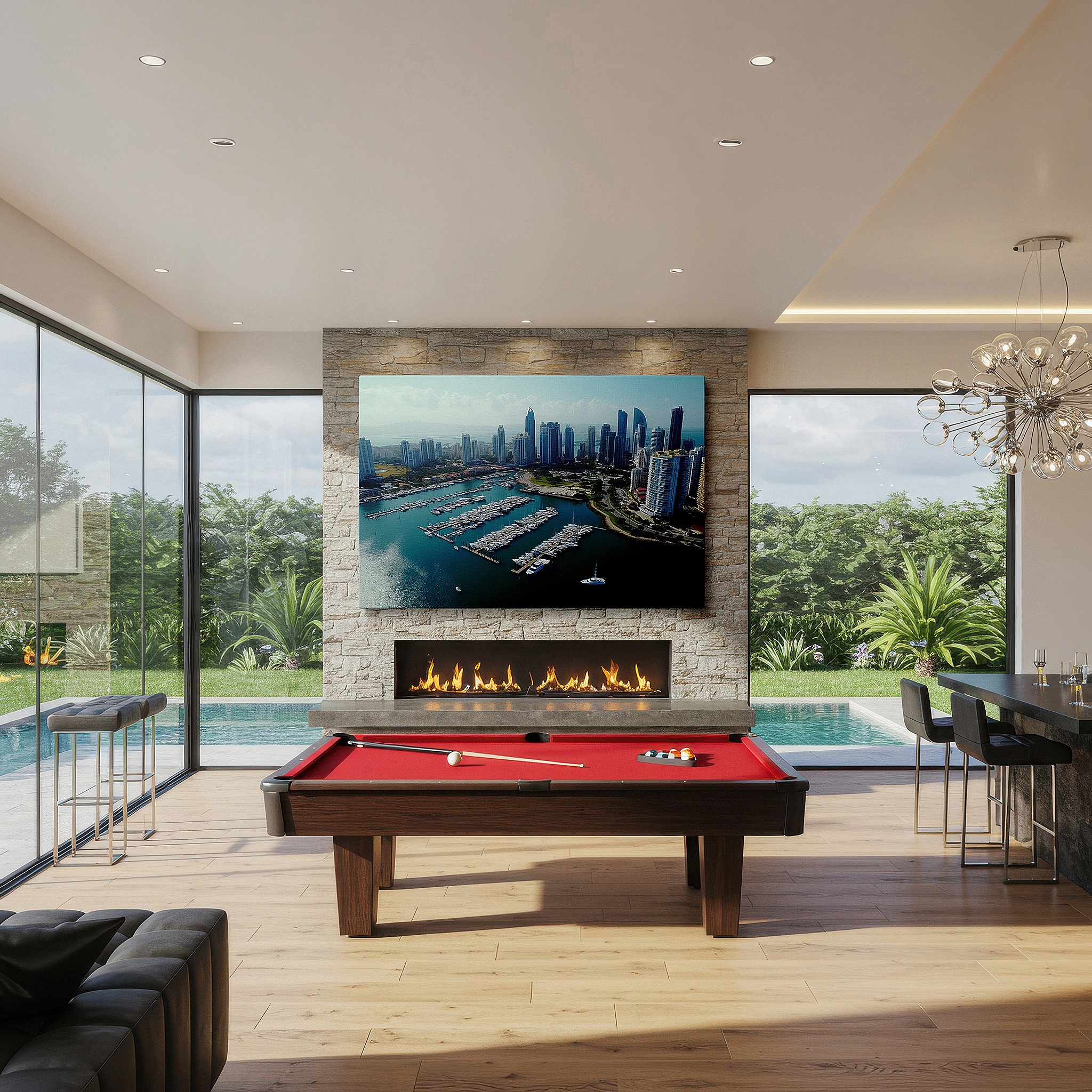 Bathed in morning sunlight streaming through sheer curtains — urban marina elegance: skyscrapers and luxurious yachts wall art - large canvas for office and bedroom decor