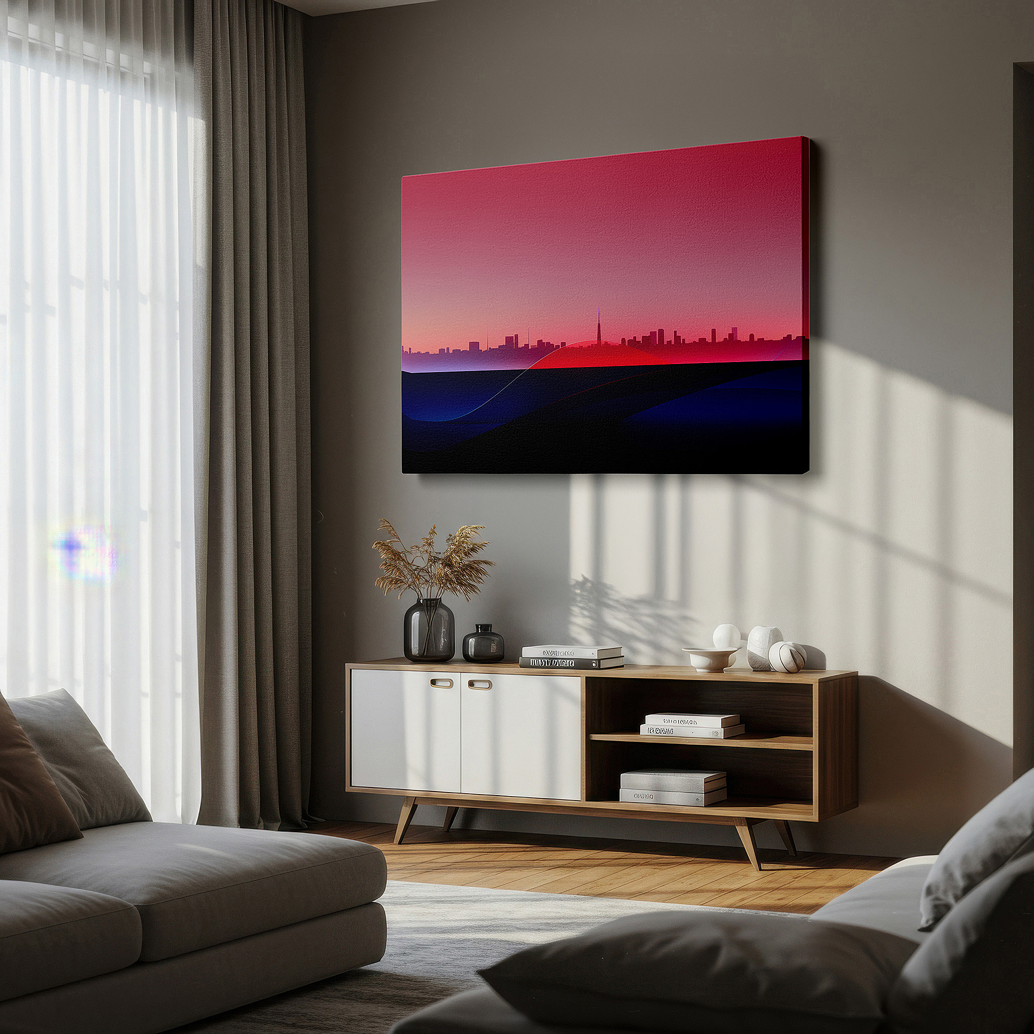 Bathed in morning sunlight streaming through sheer curtains — urban skyline and ocean waves wall art in vivid reds and blues - large canvas for office, bedroom, or living room decor