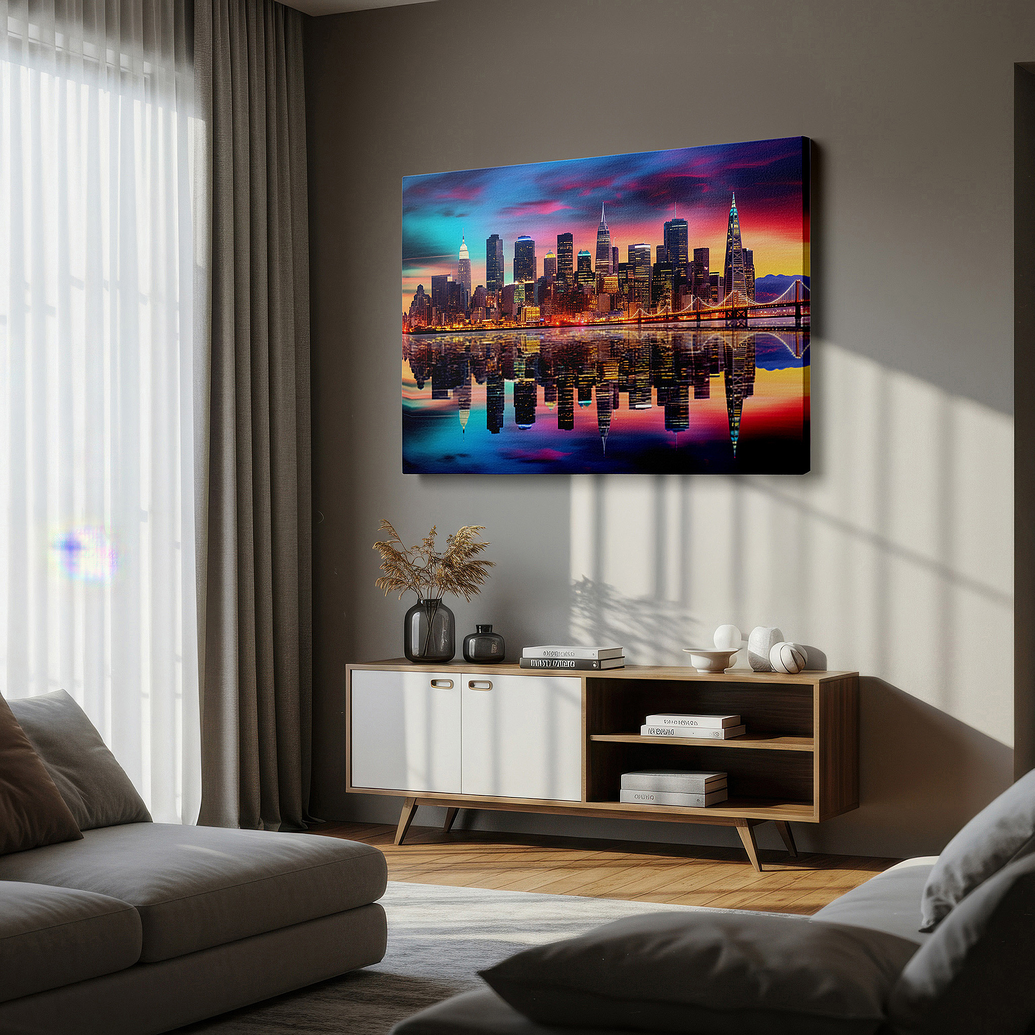 Bathed in morning sunlight streaming through sheer curtains — urban skyline at sunset with reflective river: a fusion of historic and contemporary architecture - large canvas wall art for office decor