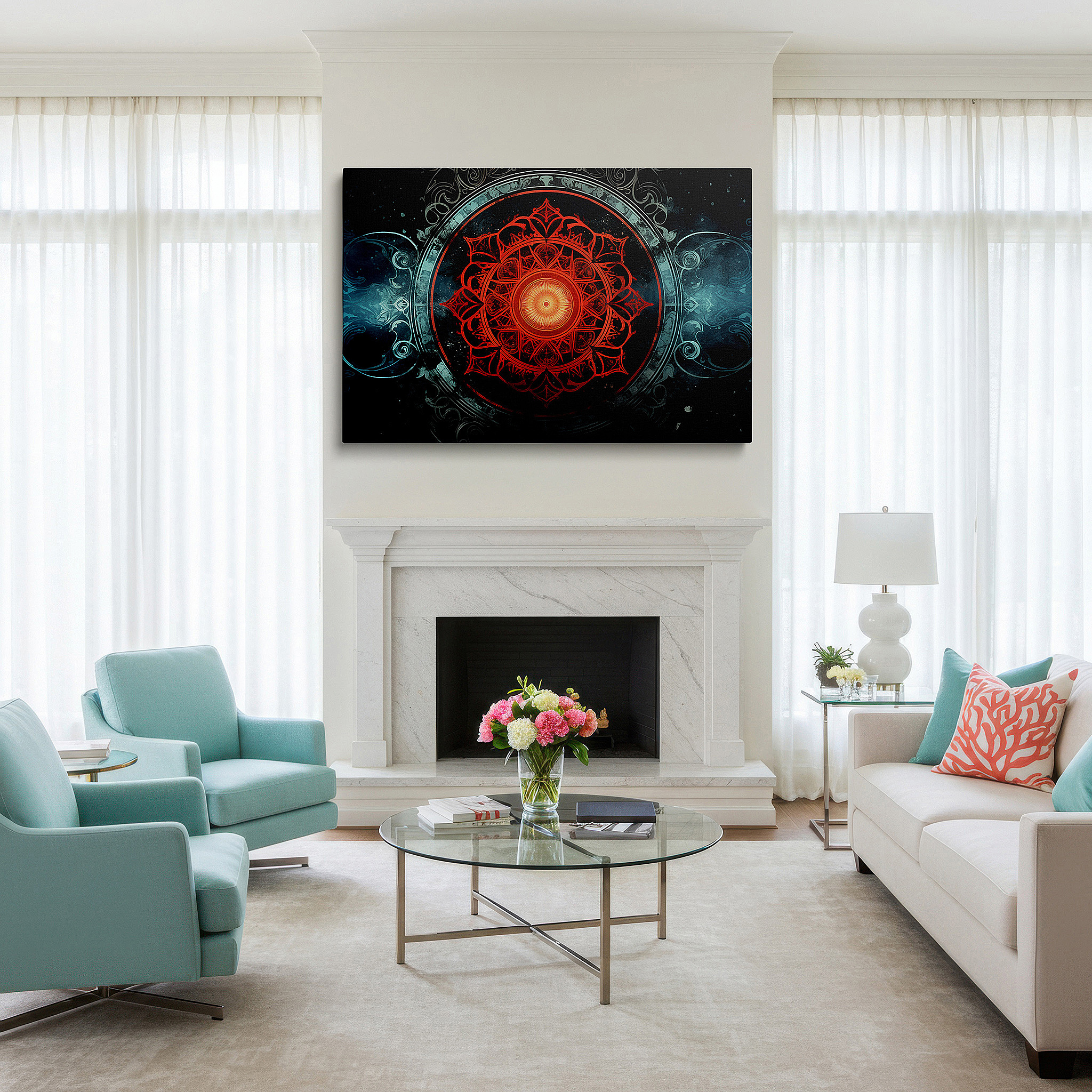 Bathed in morning sunlight streaming through sheer curtains — vibrant red mandala featuring cosmic elements, representing universal harmony and spiritual depth, large canvas wall art for office decor