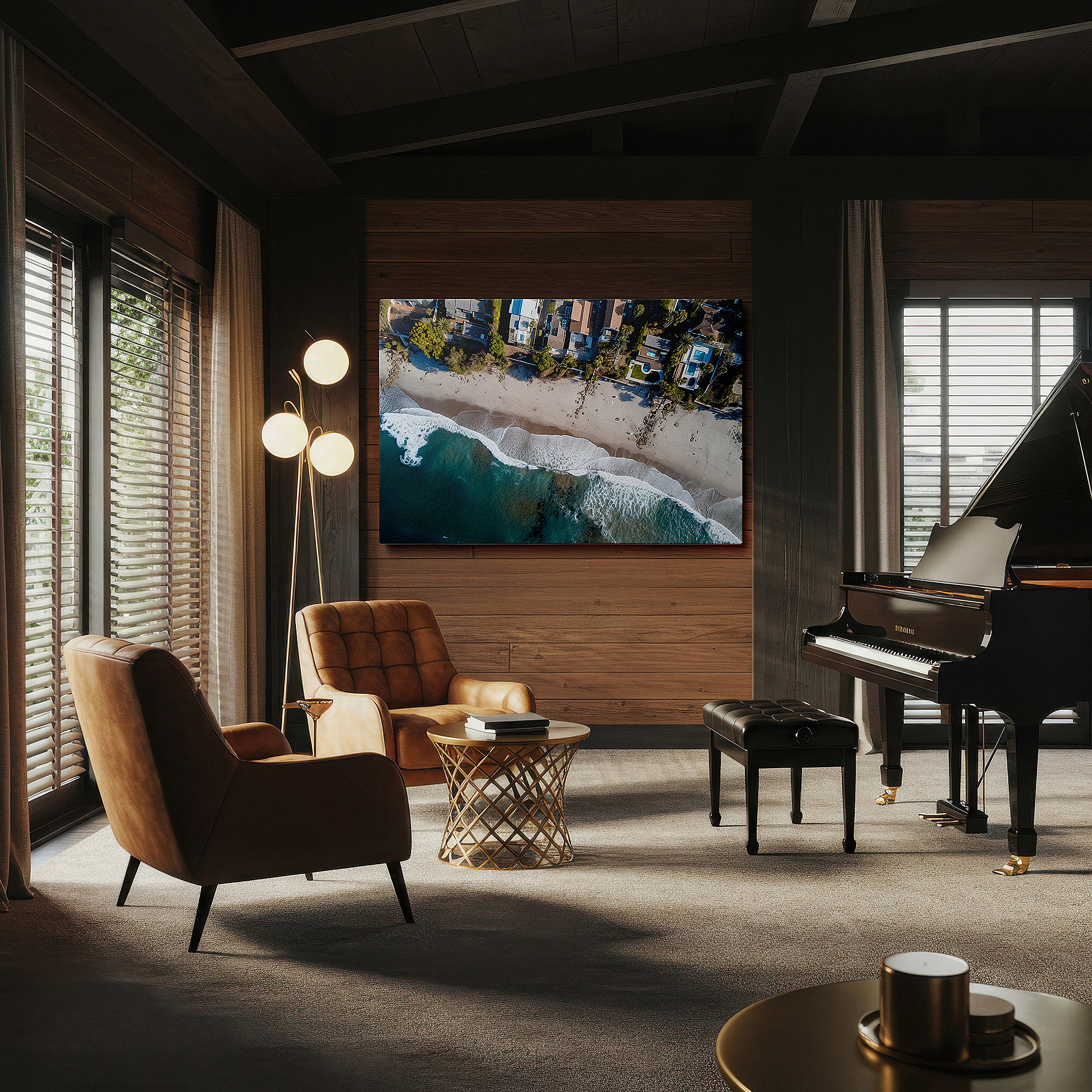 Bathed in morning sunlight streaming through sheer curtains — wall art: aerial view of tranquil beach and coastal homes - serene seascape for peaceful living, large canvas wall art decor for office