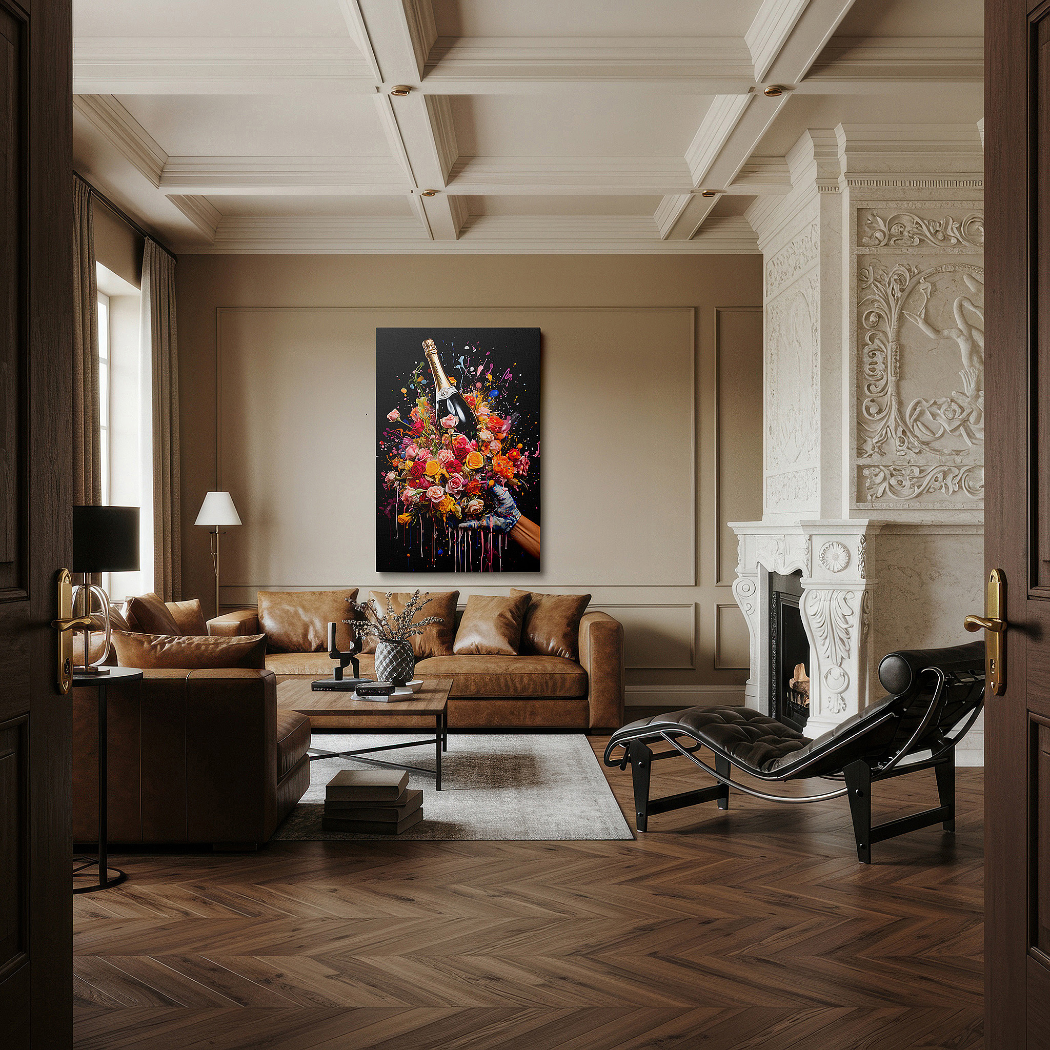 Bathed in morning sunlight streaming through sheer curtains — wall art: a celebration of life with champagne and vibrant bursts of joy and creativity - large canvas wall art for office and bedroom decor