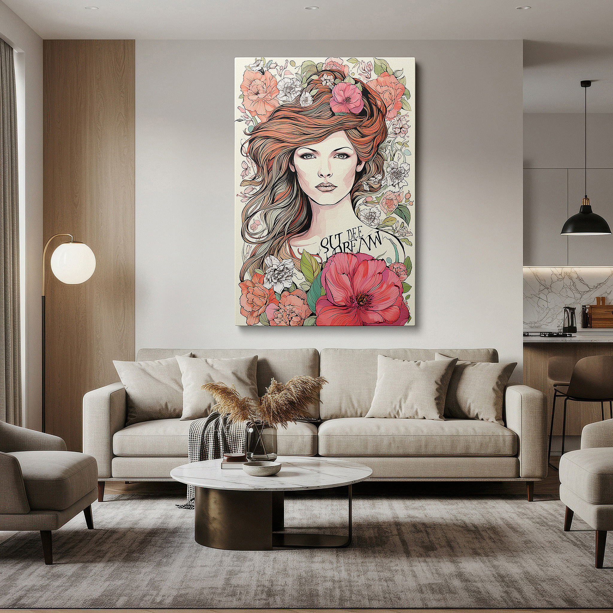 Bathed in morning sunlight streaming through sheer curtains — wall art: commanding presence and serenity in a woman's look surrounded by bright floral arrangement - large canvas wall art for office and bedroom decor