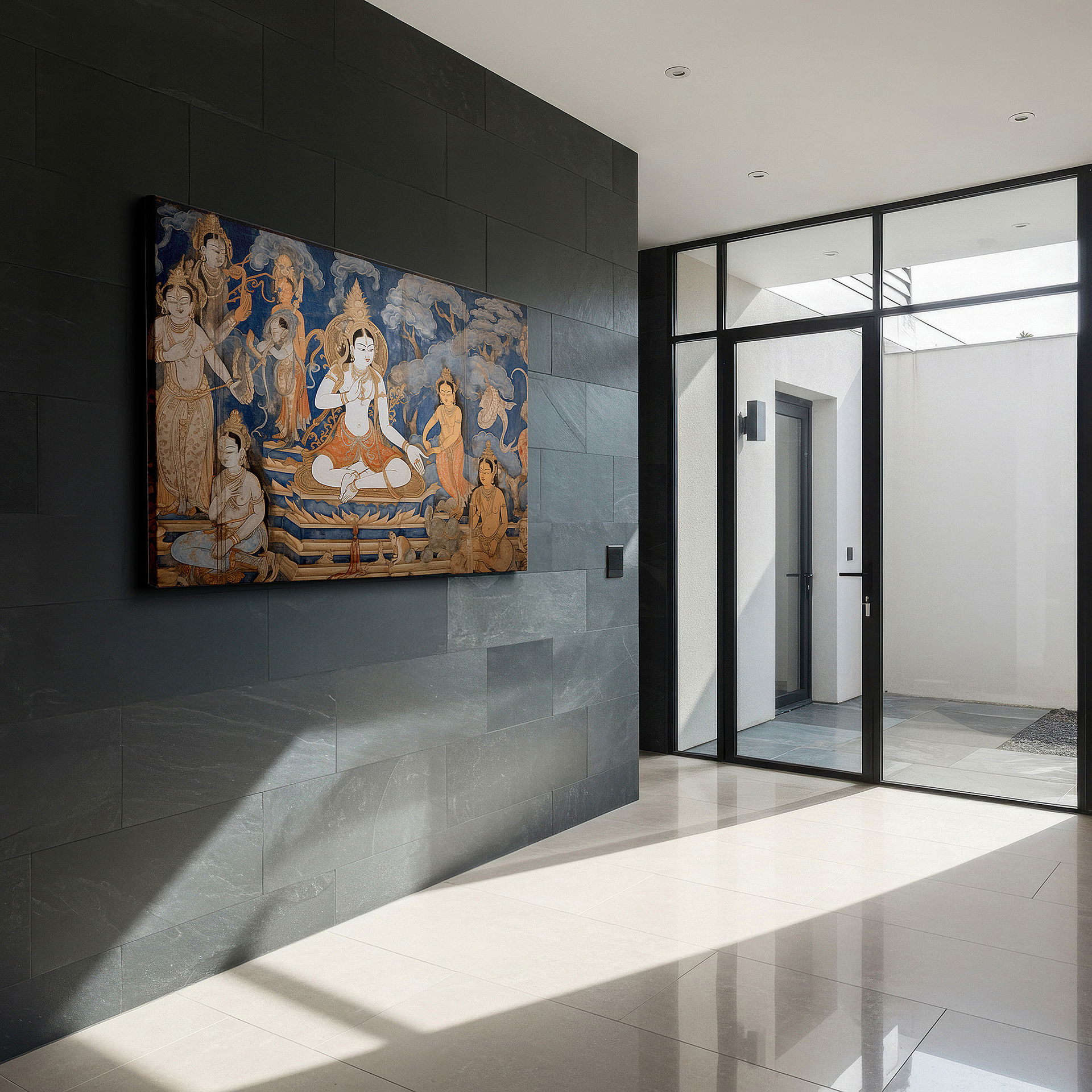 Bathed in morning sunlight streaming through sheer curtains — wall art: divine deities in vivid colors - a spiritual mural