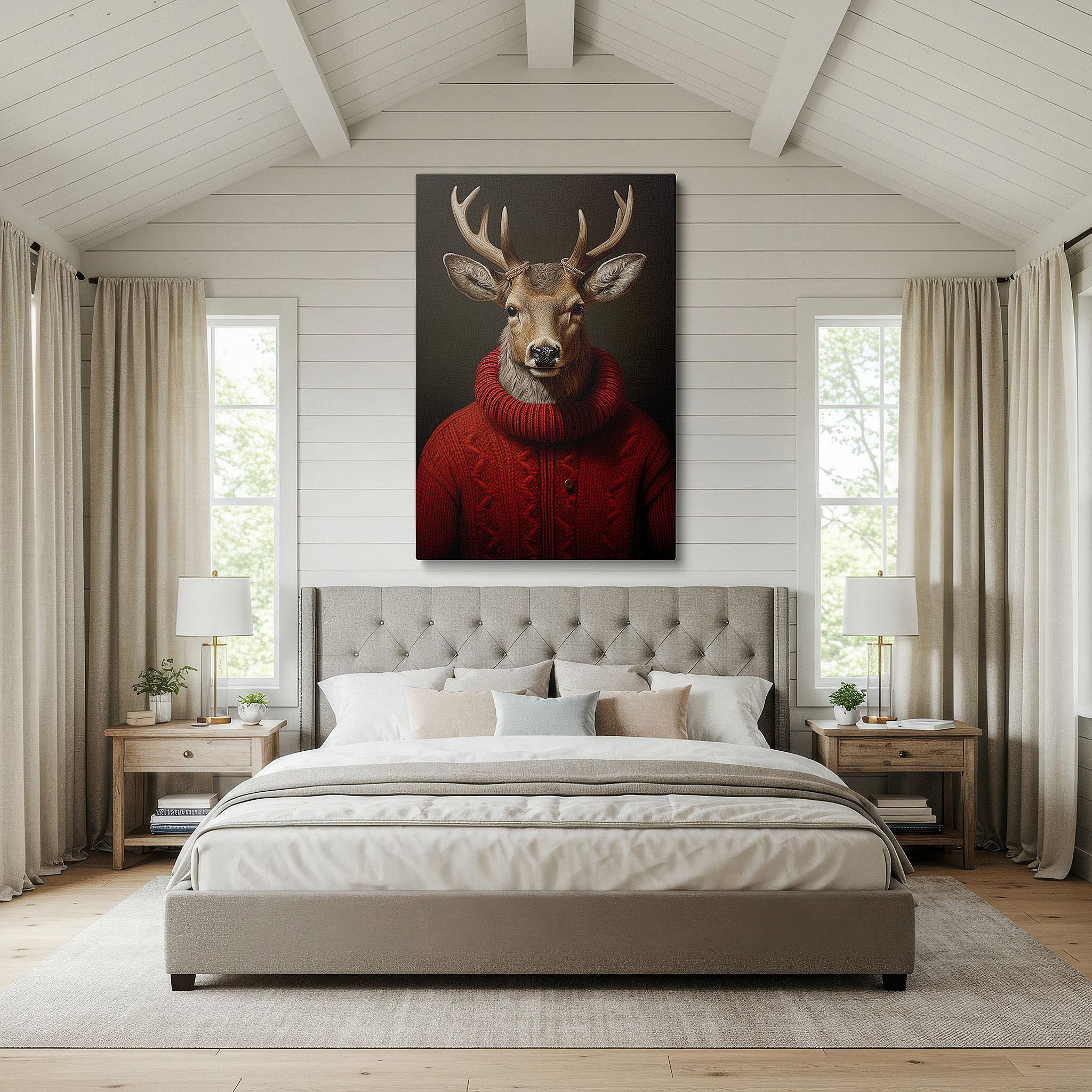 Bathed in morning sunlight streaming through sheer curtains — wall art: enchanting deer in a red sweater surrounded by gentle forest - a playful fusion of nature and comfort. large canvas wall art for home and office decor.