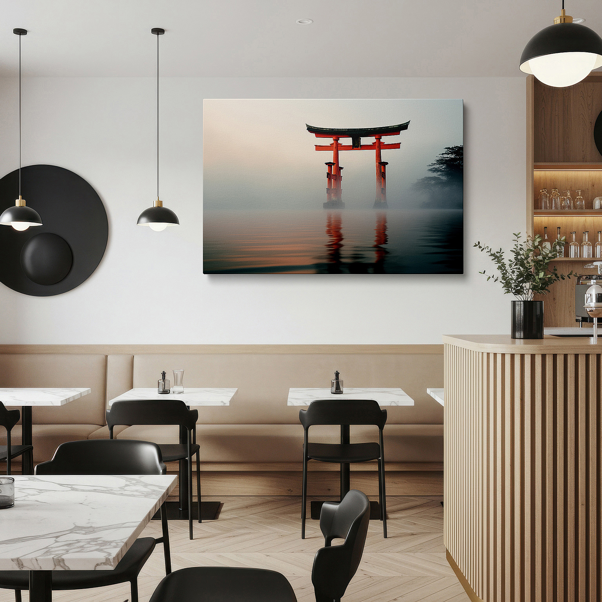 Bathed in morning sunlight streaming through sheer curtains — wall art: enchanting red torii gate on a misty waterscape - a gateway to peace and reflection. large canvas wall art for home and office decor.