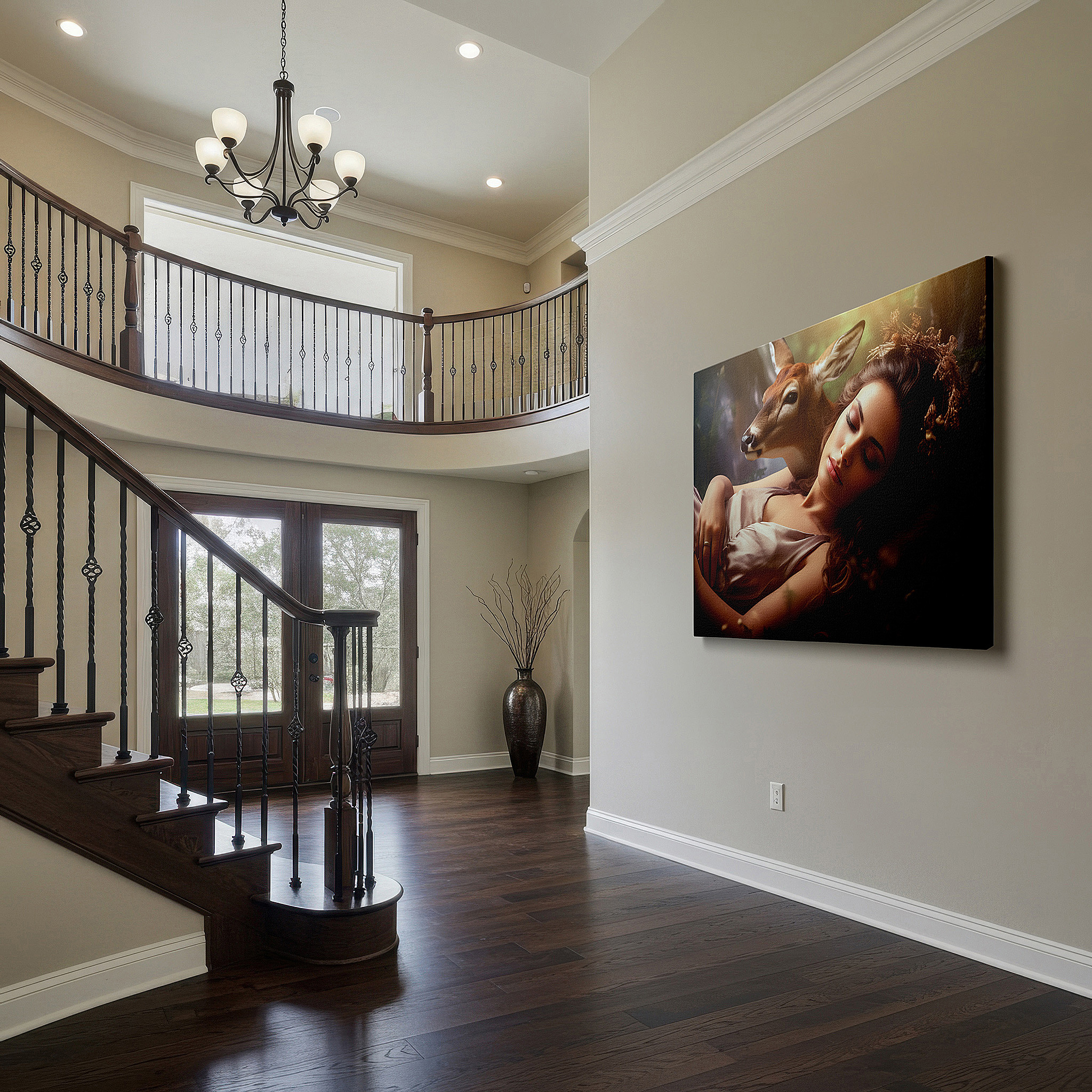 Bathed in morning sunlight streaming through sheer curtains — wall art: tranquil scene of a young woman and deer in peaceful embrace - large canvas wall art for home and office decor, perfect for bedroom walls