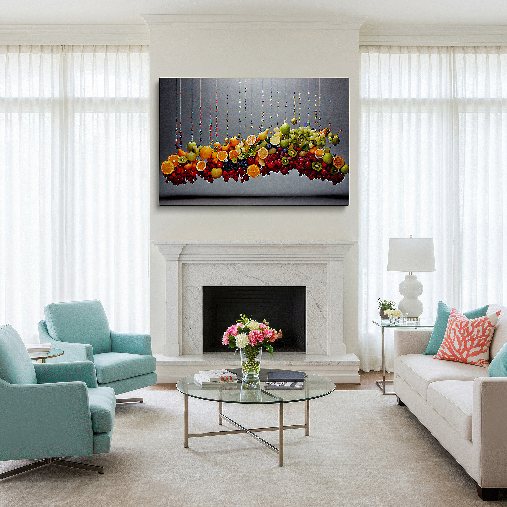 Bathed in morning sunlight streaming through sheer curtains — wall decor: captivating floating fruit display showcasing nature's playful bounty - ideal for living room, office, or bedroom decorations