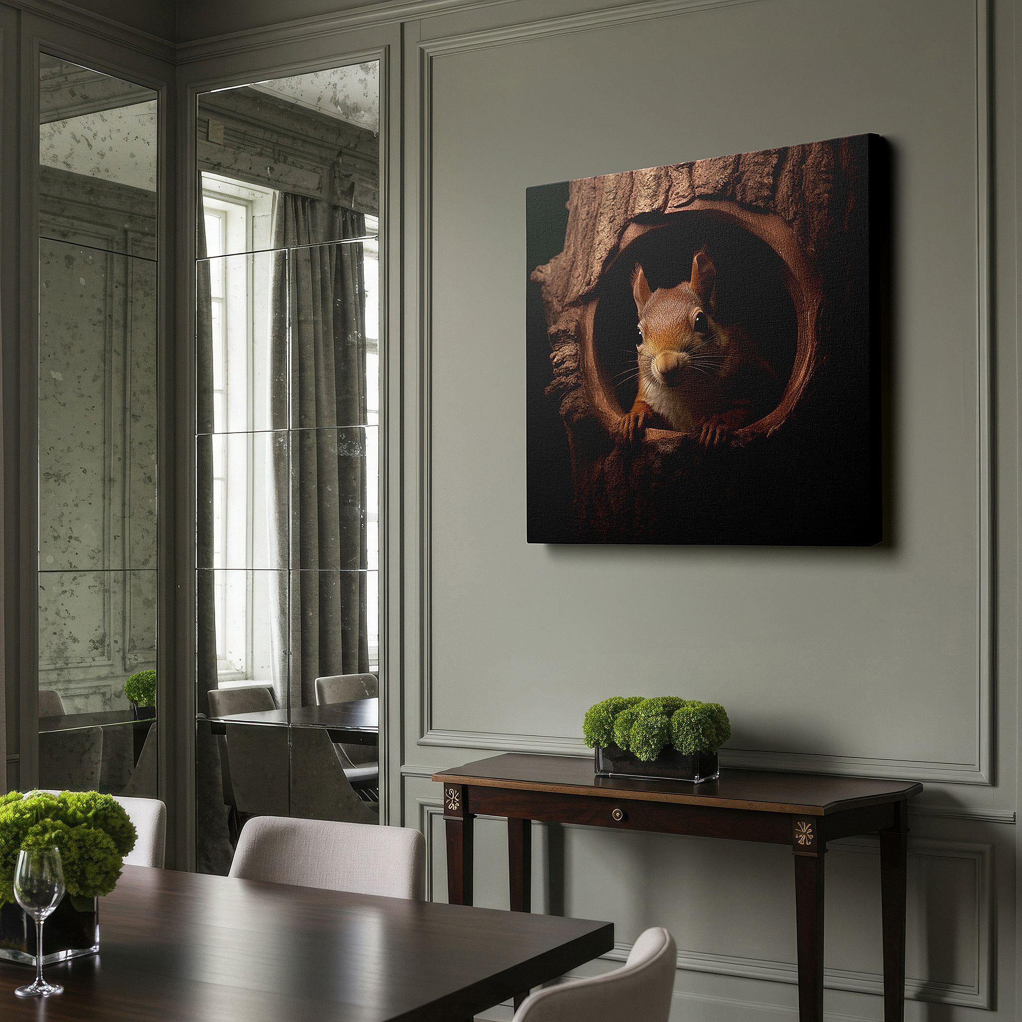 Bathed in morning sunlight streaming through sheer curtains — wall decor: charming squirrel emerging from tree hollow - a striking display of wildlife playfulness and mischief, large canvas wall art for home and office decor