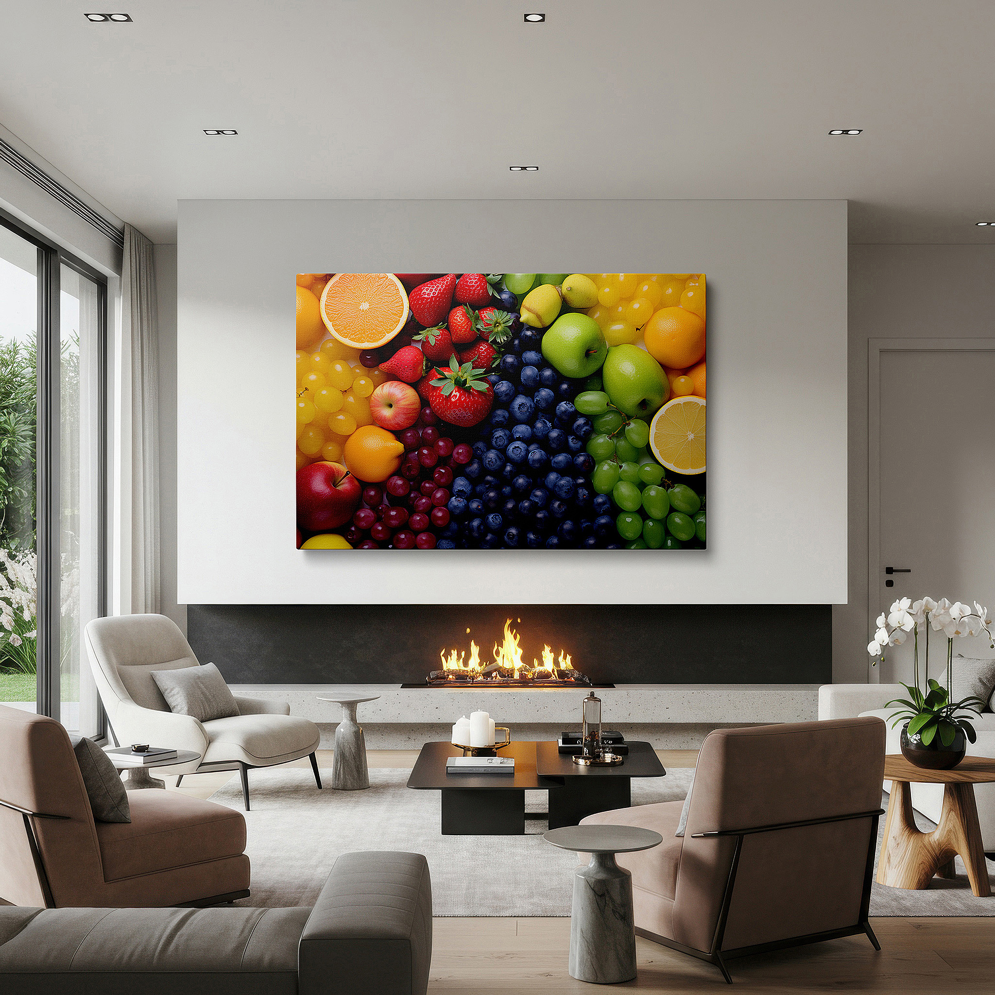 Bathed in morning sunlight streaming through sheer curtains — wall decor: a lively blend of nature's hues and fresh fruit, encouraging wellness and culinary innovation - large canvas art for home and office decor
