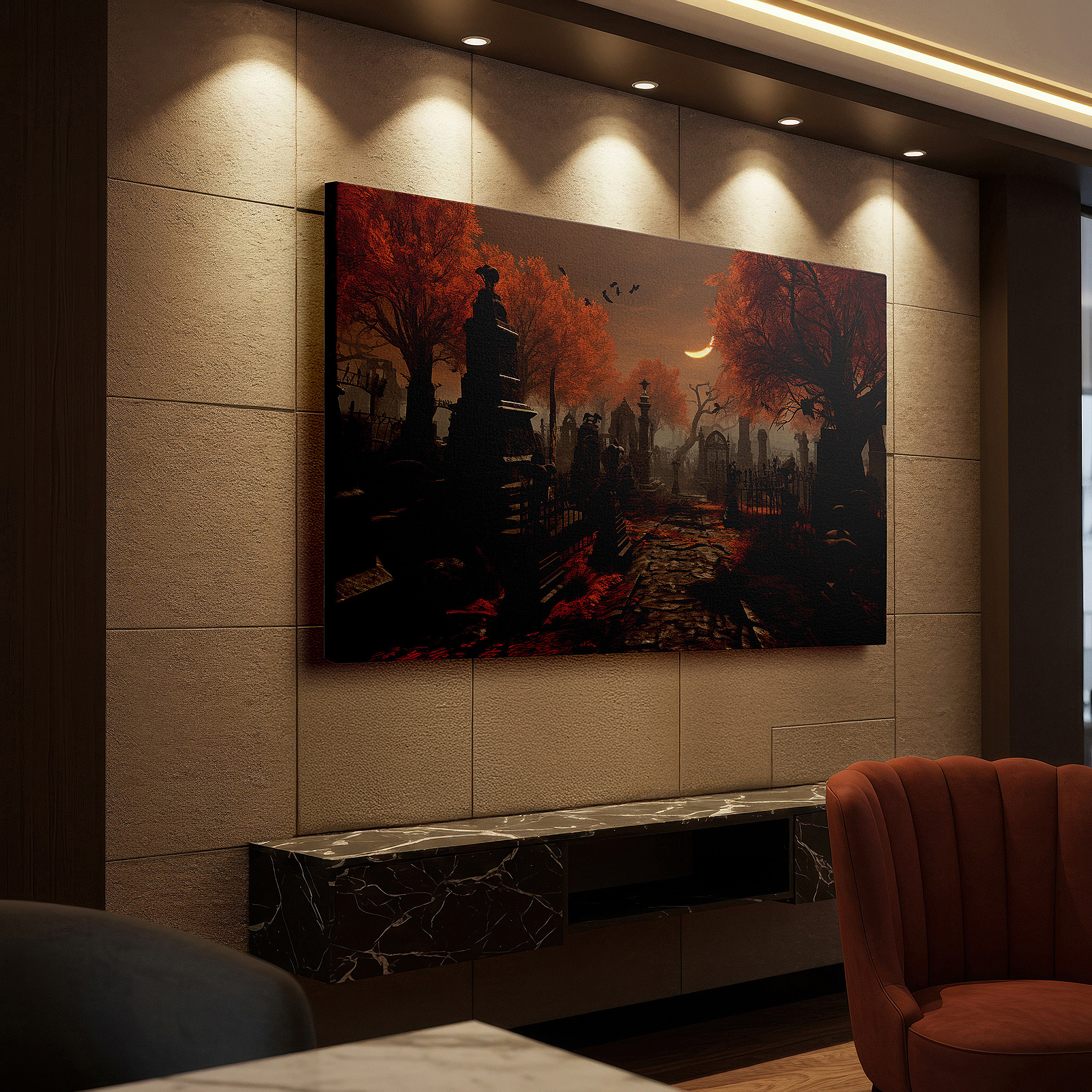 Bathed in morning sunlight streaming through sheer curtains — wall decor: serene autumn pathway - journey through life's shadows large canvas art, ideal for office and bedroom decor