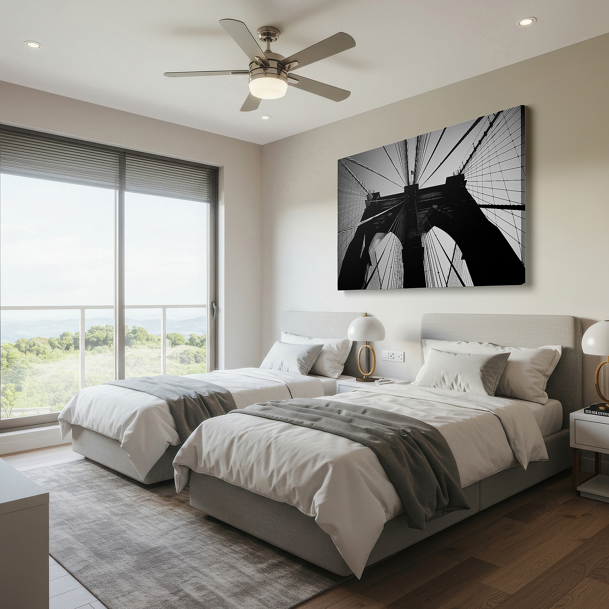 Bathed in morning sunlight streaming through sheer curtains — wall decor: stunning black-and-white brooklyn bridge - a tribute to architectural genius and human spirit, large canvas art for home and office