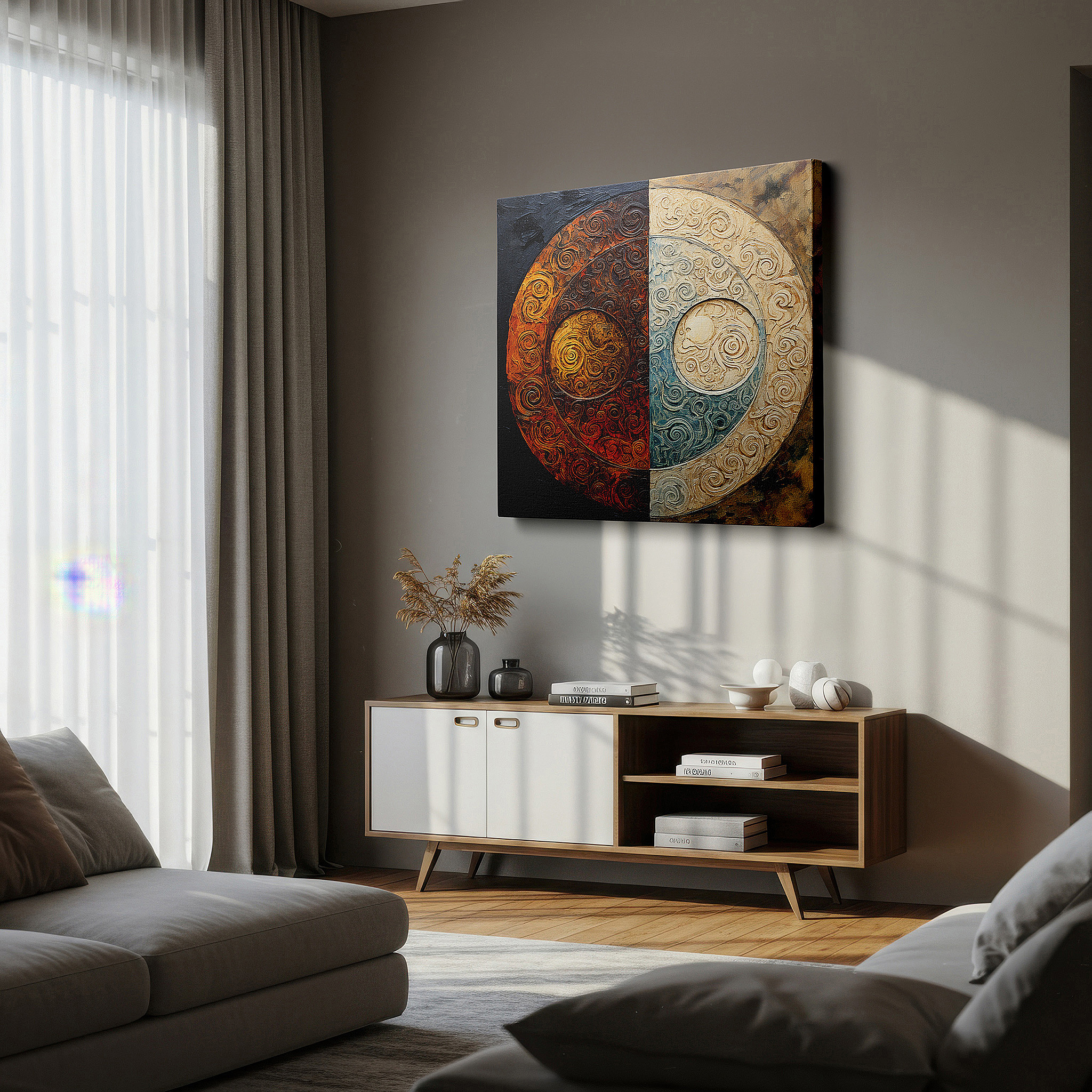 Bathed in morning sunlight streaming through sheer curtains — wall decor: a vibrant fusion of earthy and aquatic hues celebrating nature's dual aspects - large canvas art for home and office decor