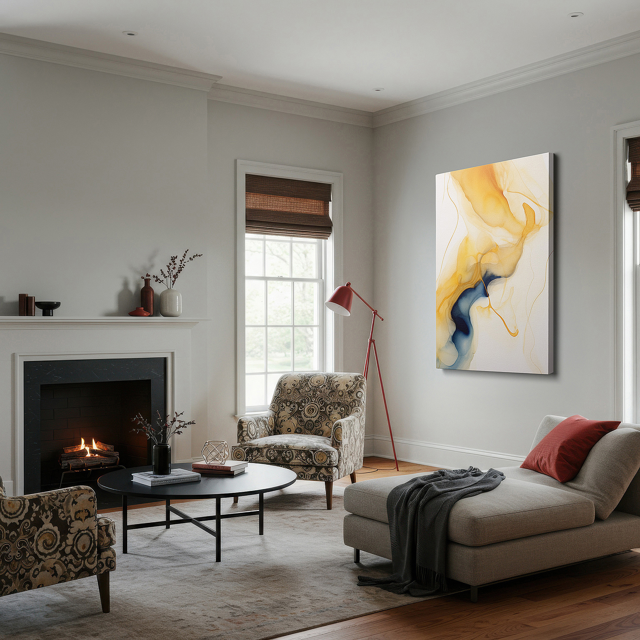 Bathed in morning sunlight streaming through sheer curtains — warm oranges and tranquil blues blend in fluid abstract large wall art, canvas wall art, wall decor for office